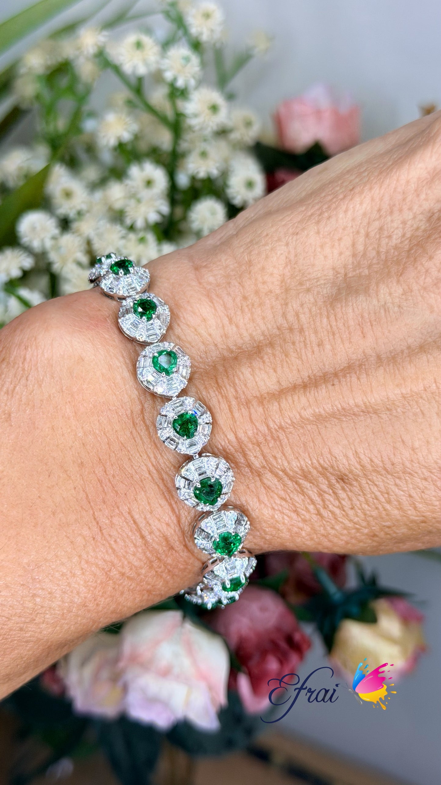 Natural Emerald and Diamond Halo Tennis Bracelet in White Gold