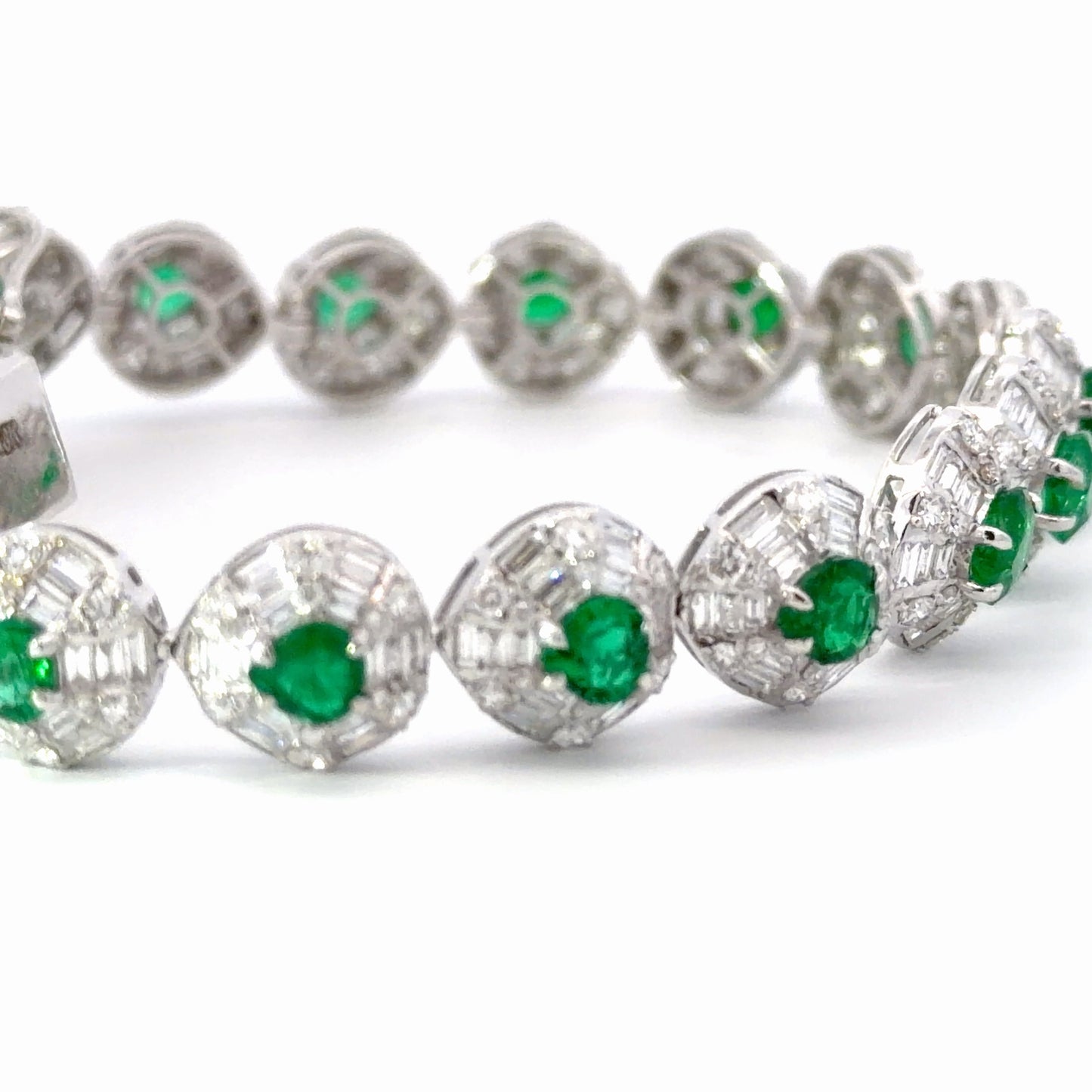 Natural Emerald and Diamond Halo Tennis Bracelet in White Gold