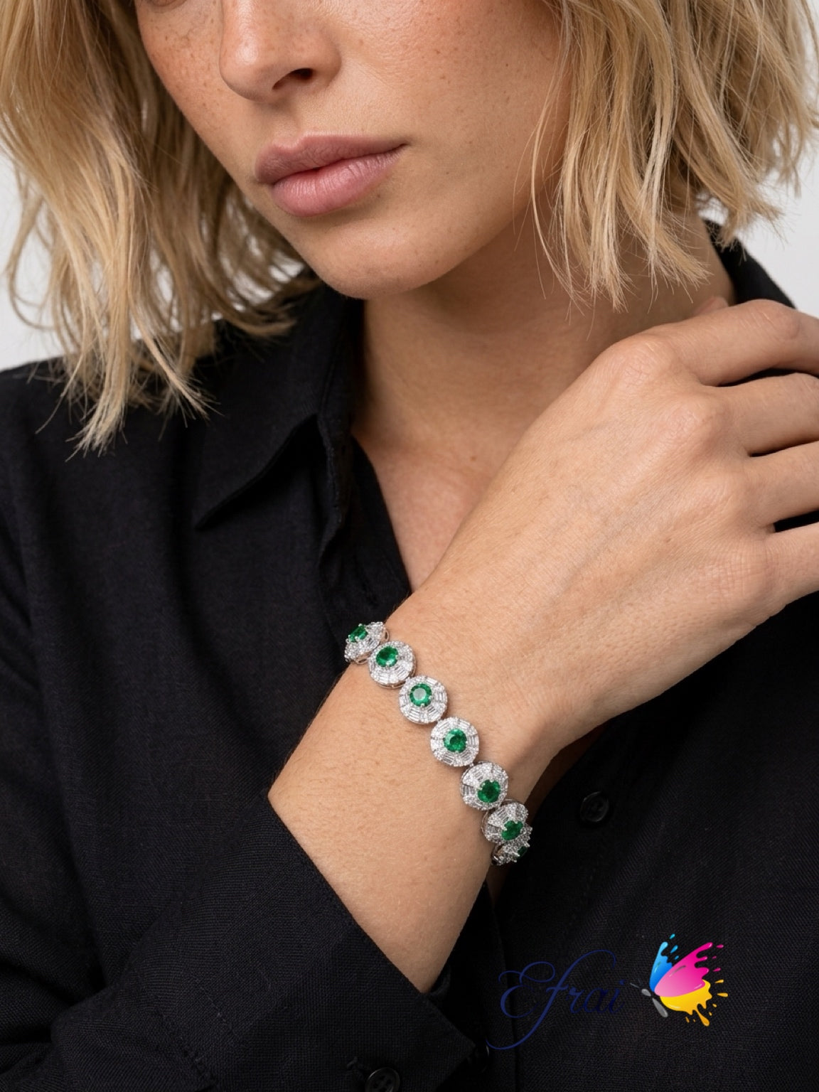 Natural Emerald and Diamond Halo Tennis Bracelet in White Gold
