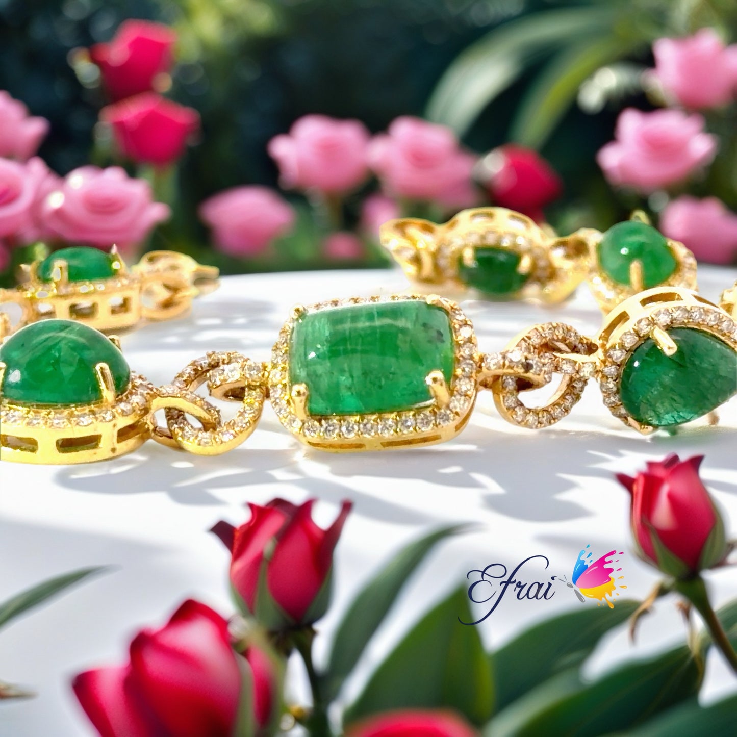 Natural Cabochon Emerald Halo Chain Bracelet in Yellow Gold