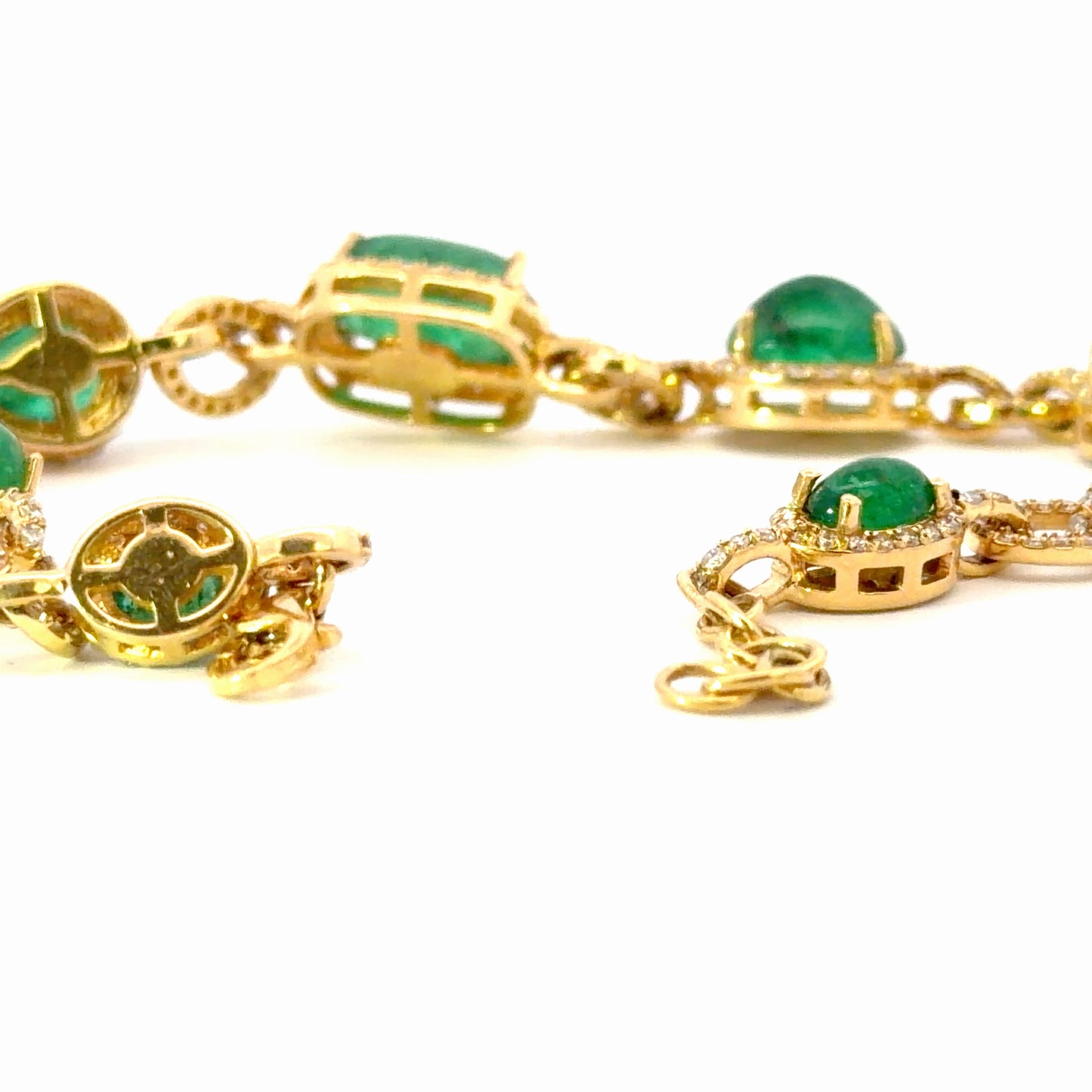Natural Cabochon Emerald Halo Chain Bracelet in Yellow Gold