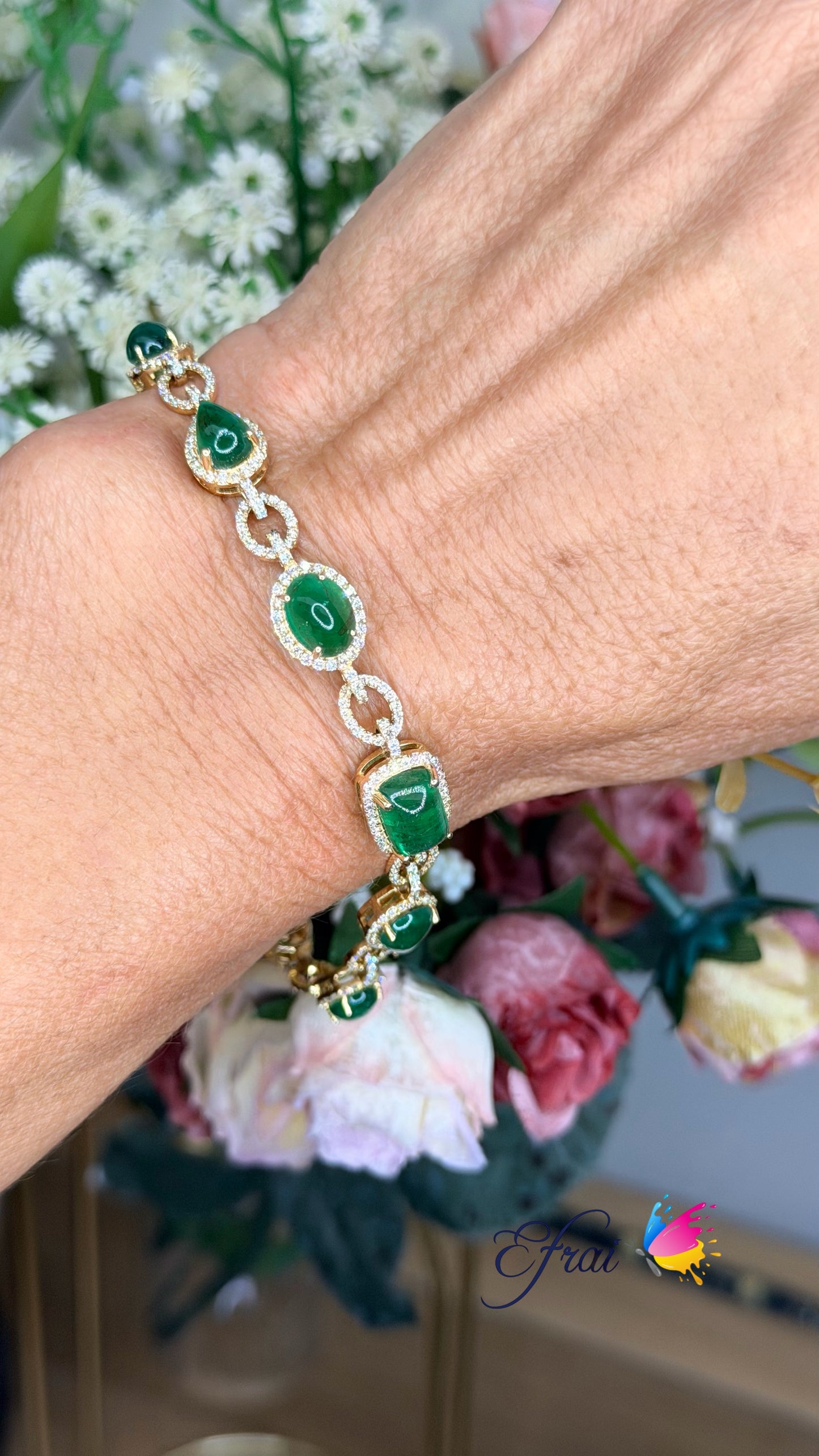 Natural Cabochon Emerald Halo Chain Bracelet in Yellow Gold