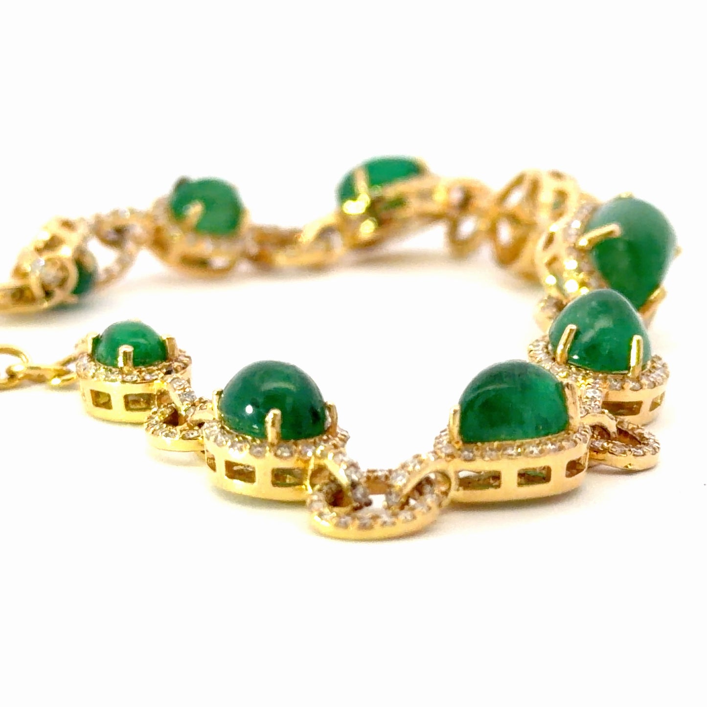 Natural Cabochon Emerald Halo Chain Bracelet in Yellow Gold