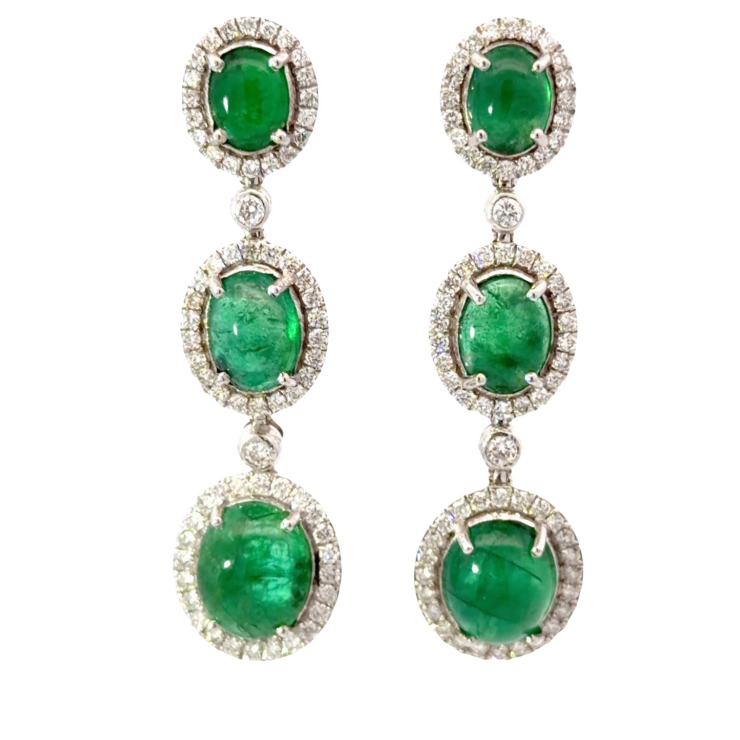 Triple Natural Emeralds Cabochon Halo Drop Earrings in White Gold