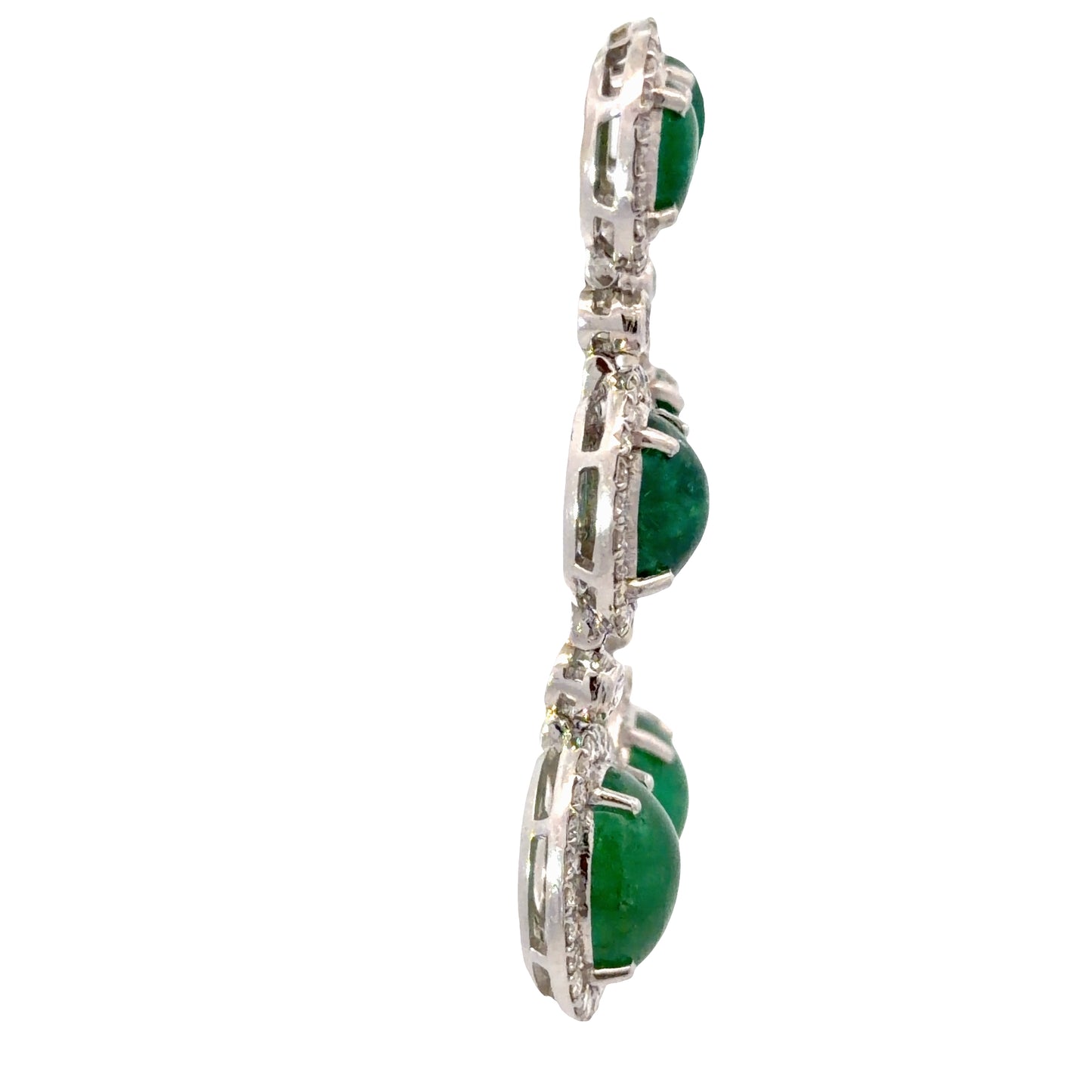 Triple Natural Emeralds Cabochon Halo Drop Earrings in White Gold