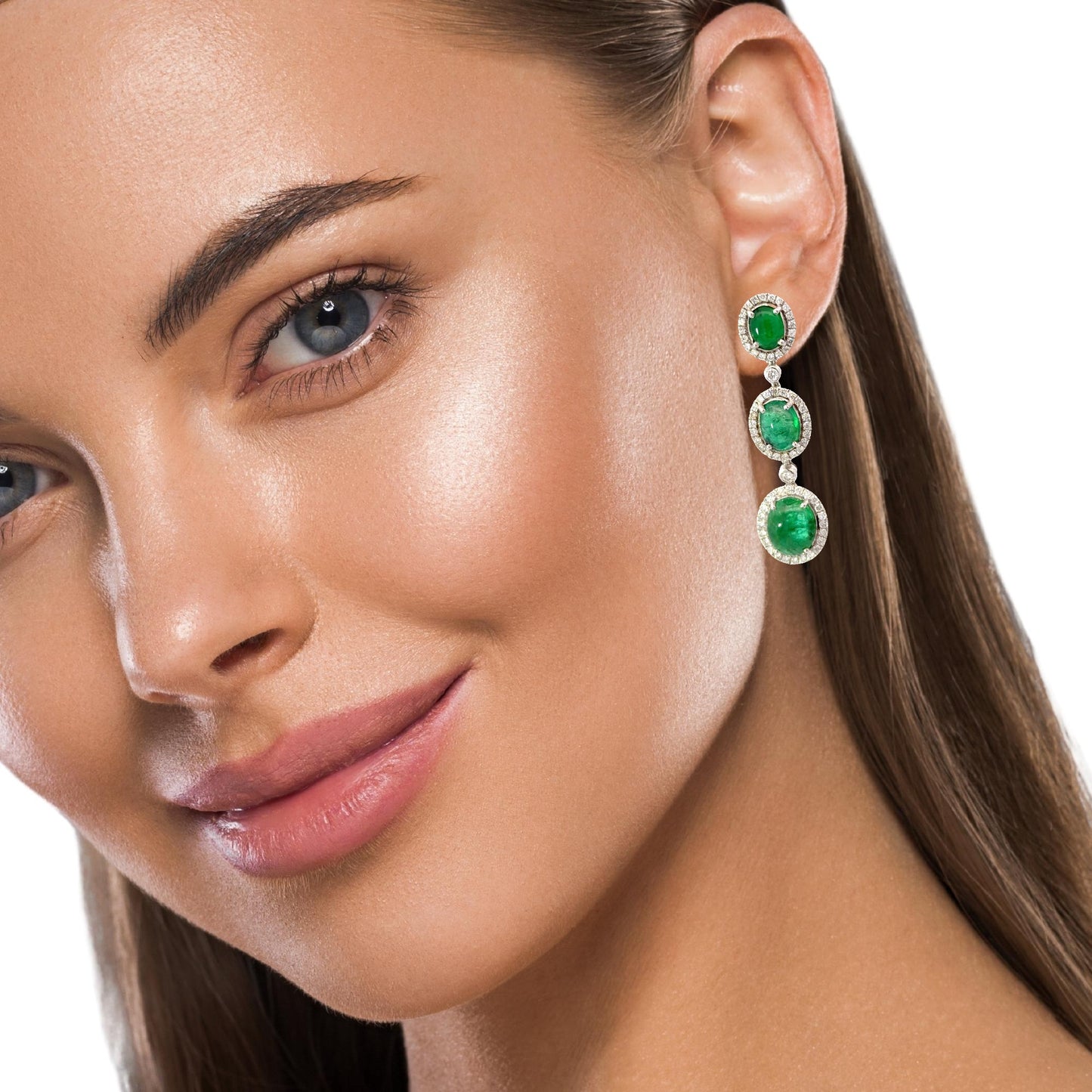 Triple Natural Emeralds Cabochon Halo Drop Earrings in White Gold
