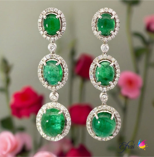 Triple Natural Emeralds Cabochon Halo Drop Earrings in White Gold