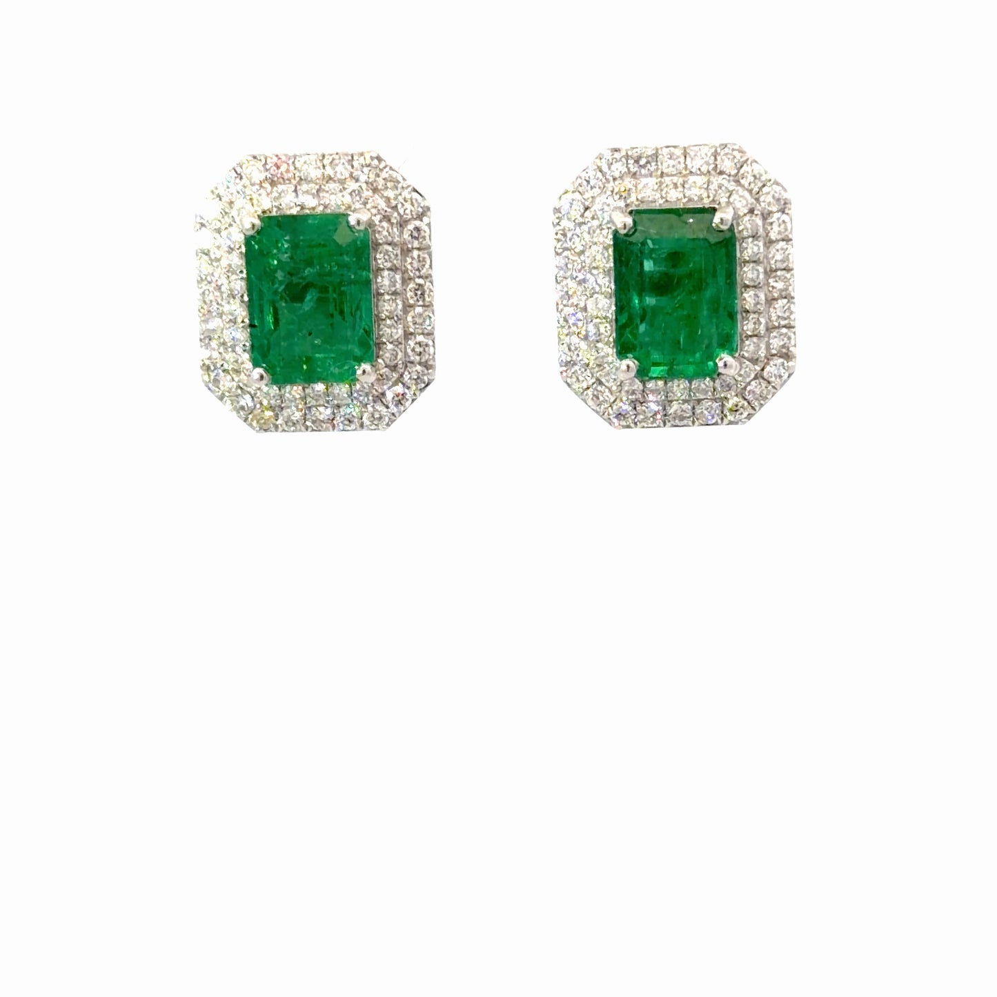 Natural Emerald Double Halo Stud Earrings in White Gold