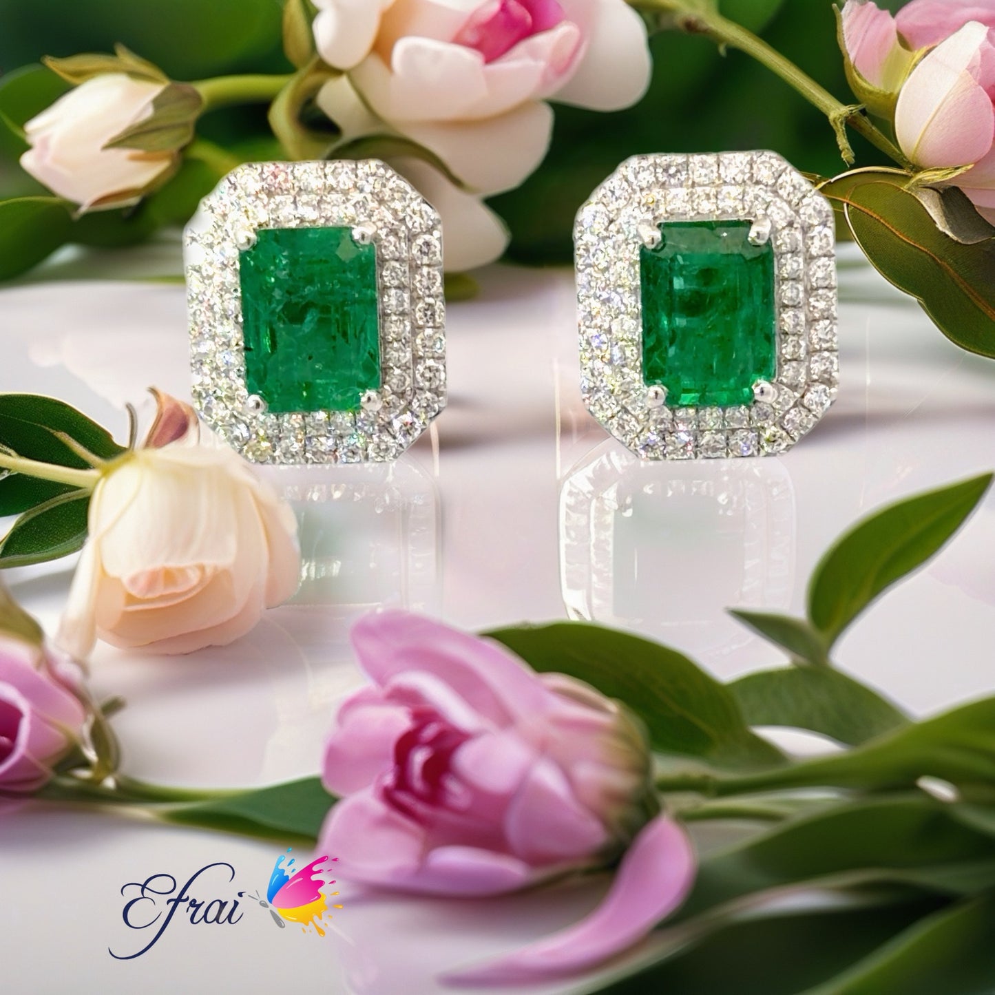 Natural Emerald Double Halo Stud Earrings in White Gold