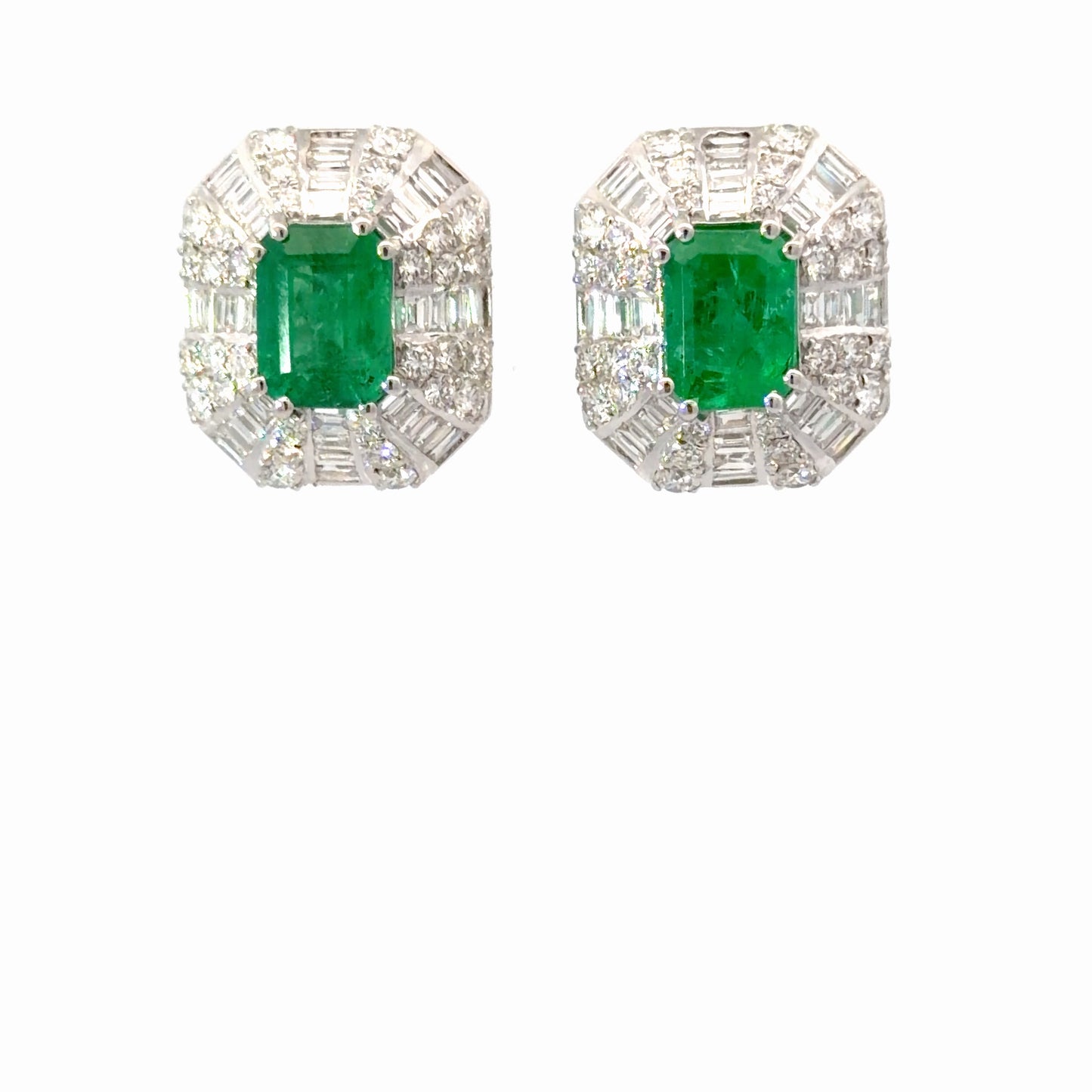 Natural Emerald and Diamond Halo Stud Earrings in White Gold