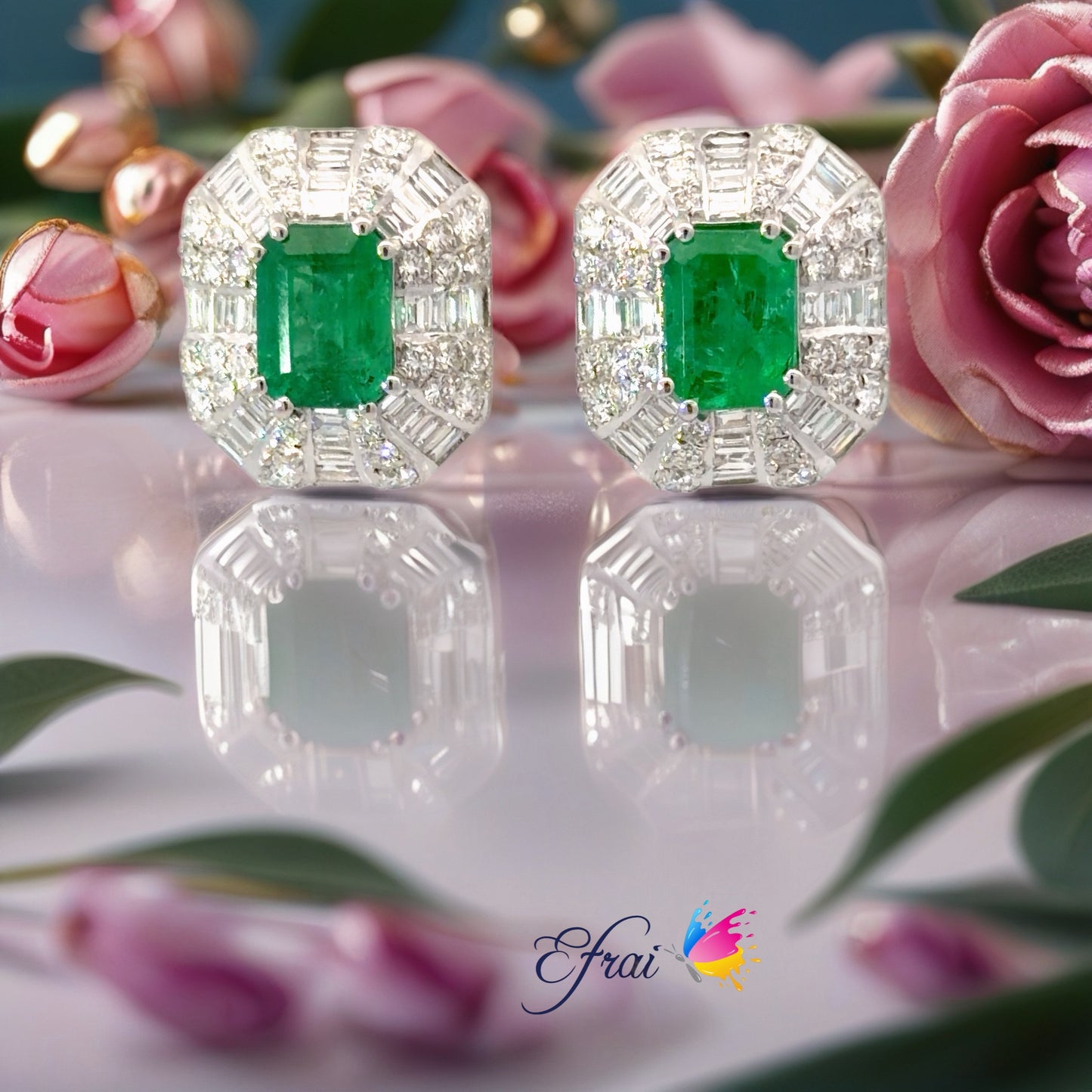Natural Emerald and Diamond Halo Stud Earrings in White Gold