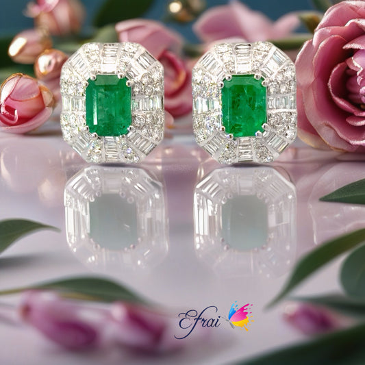 Natural Emerald and Diamond Halo Stud Earrings in White Gold
