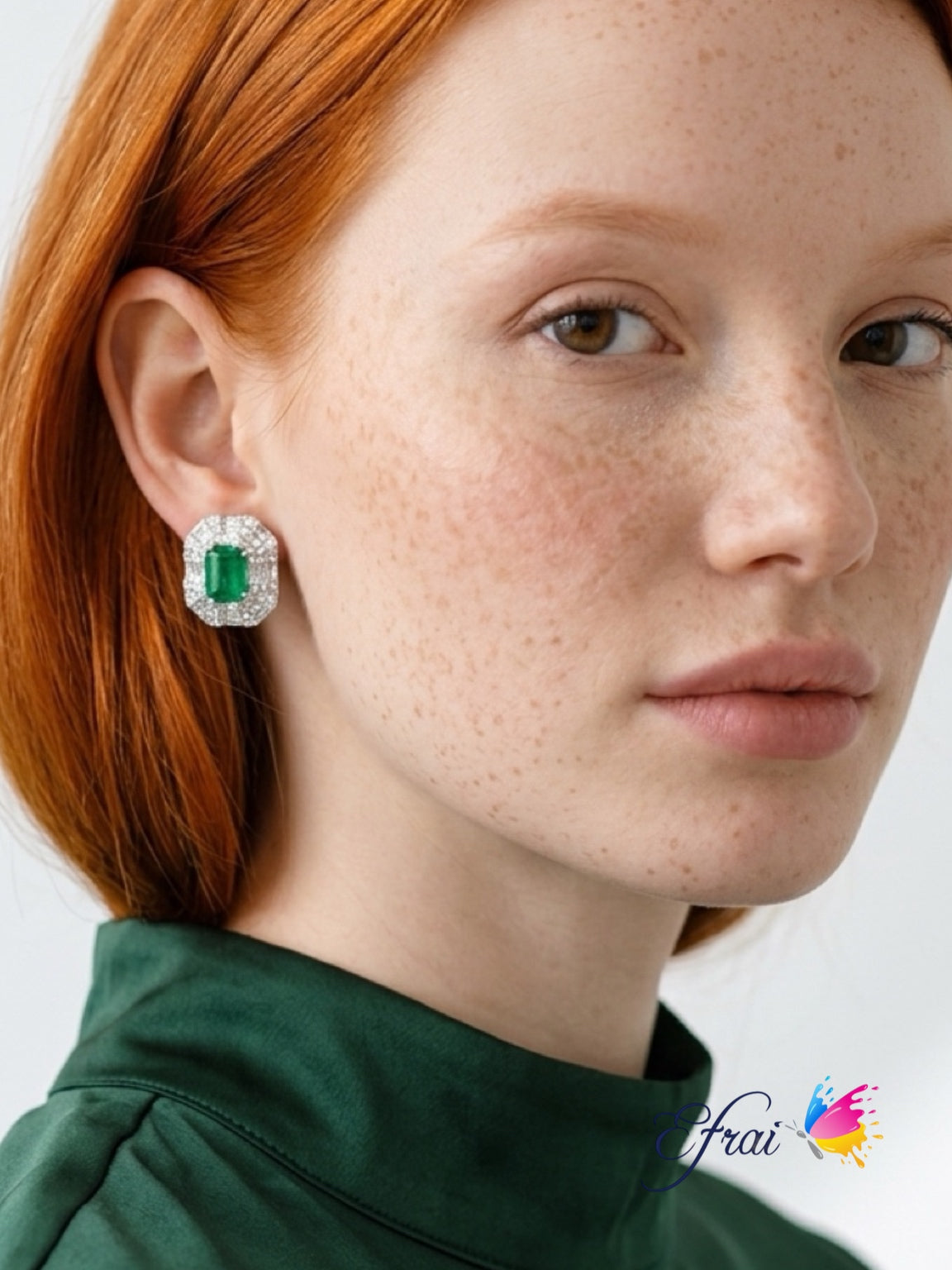 Natural Emerald and Diamond Halo Stud Earrings in White Gold