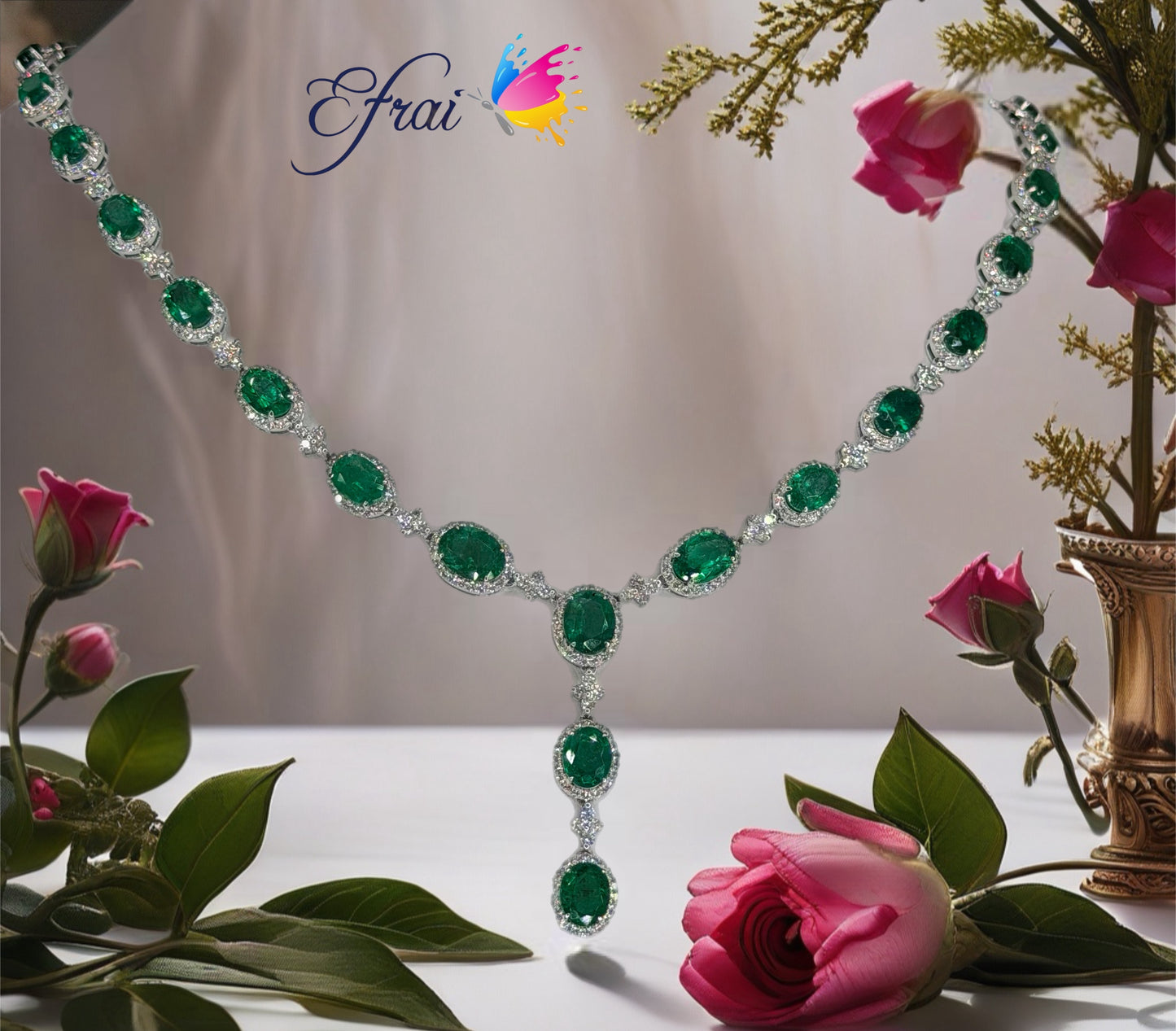 Natural Oval Emerald Halo Y-Drop Necklace in White Gold