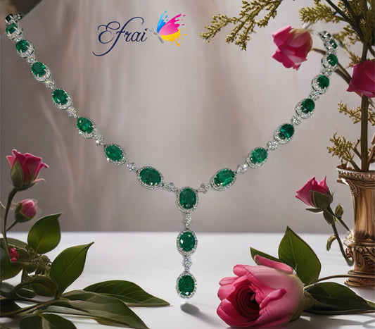 Natural Oval Emerald Halo Y-Drop Necklace in White Gold
