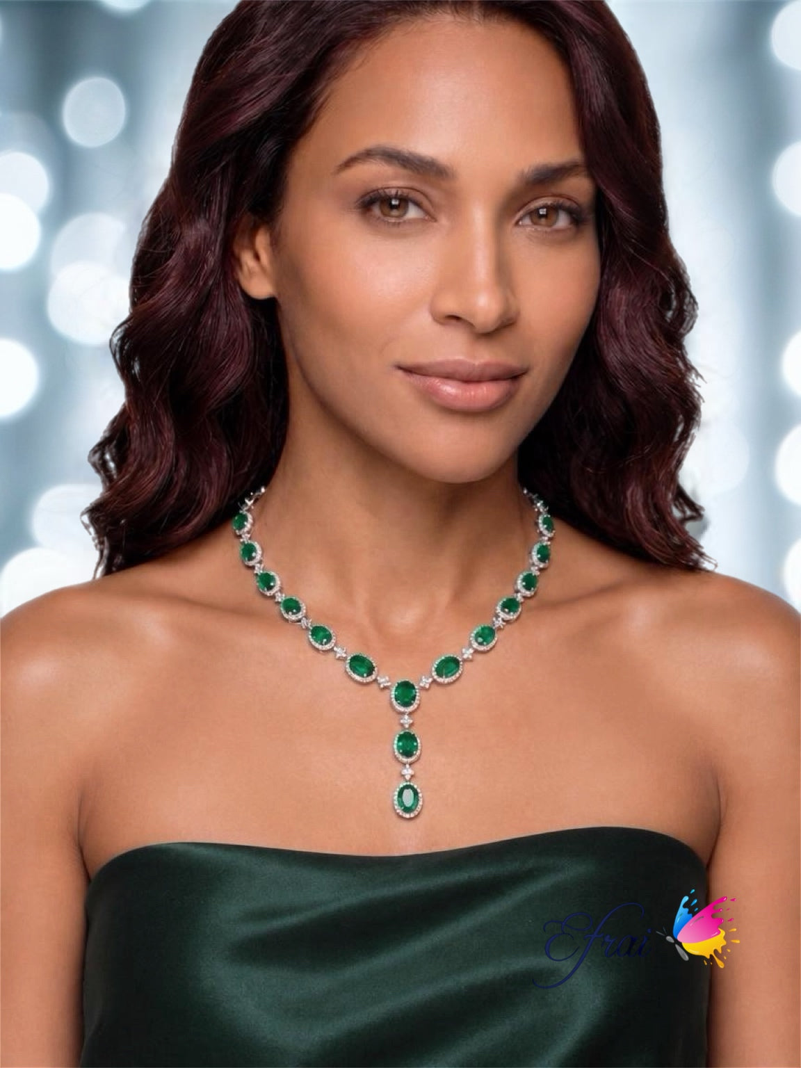 Natural Oval Emerald Halo Y-Drop Necklace in White Gold