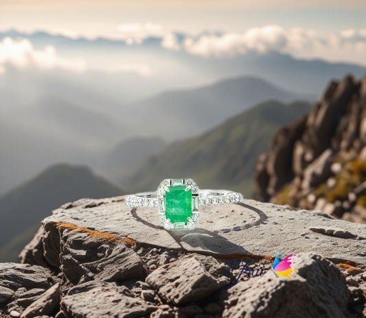 Natural green emerald and diamonds ring