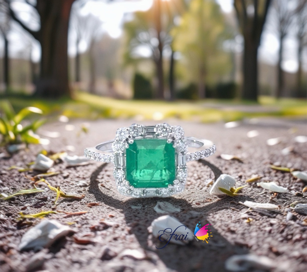 Gorgeous natural green emerald and diamonds ring