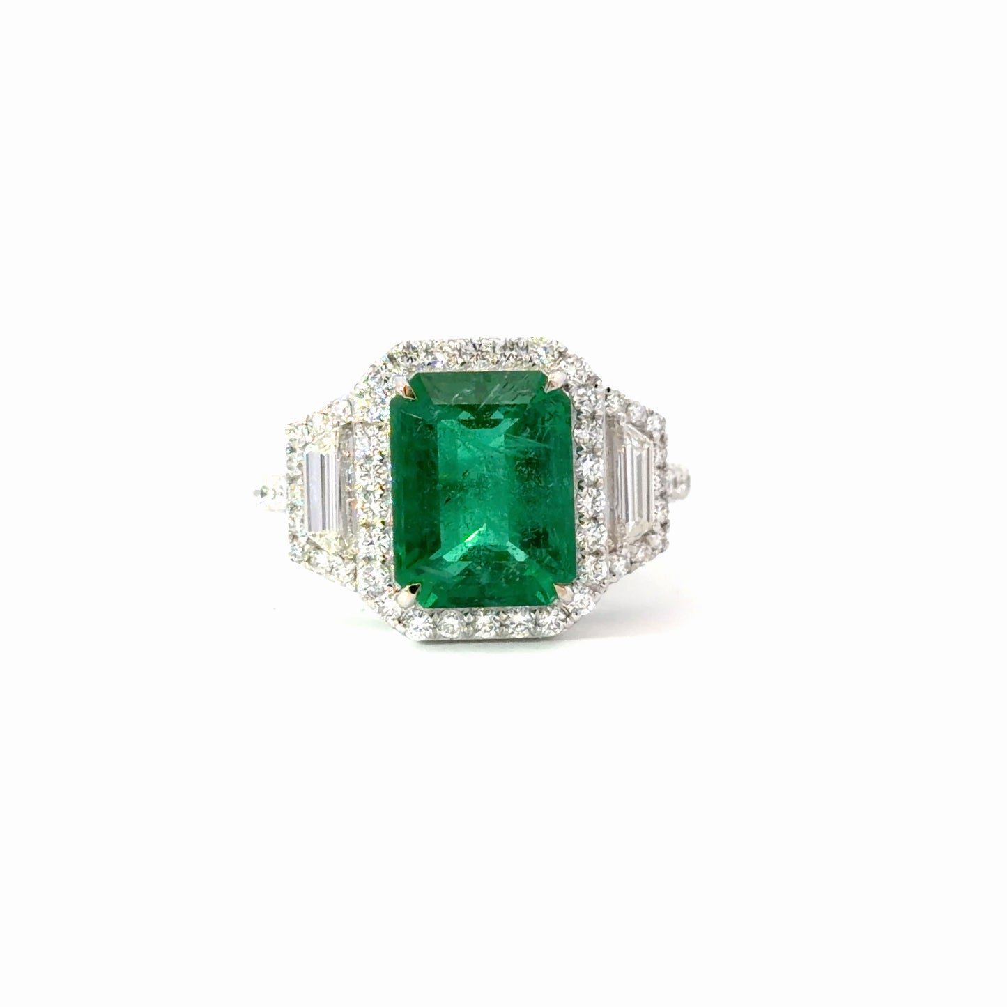 Natural Emerald cut Emerald and Diamonds Cocktail Ring in 18K White Gold