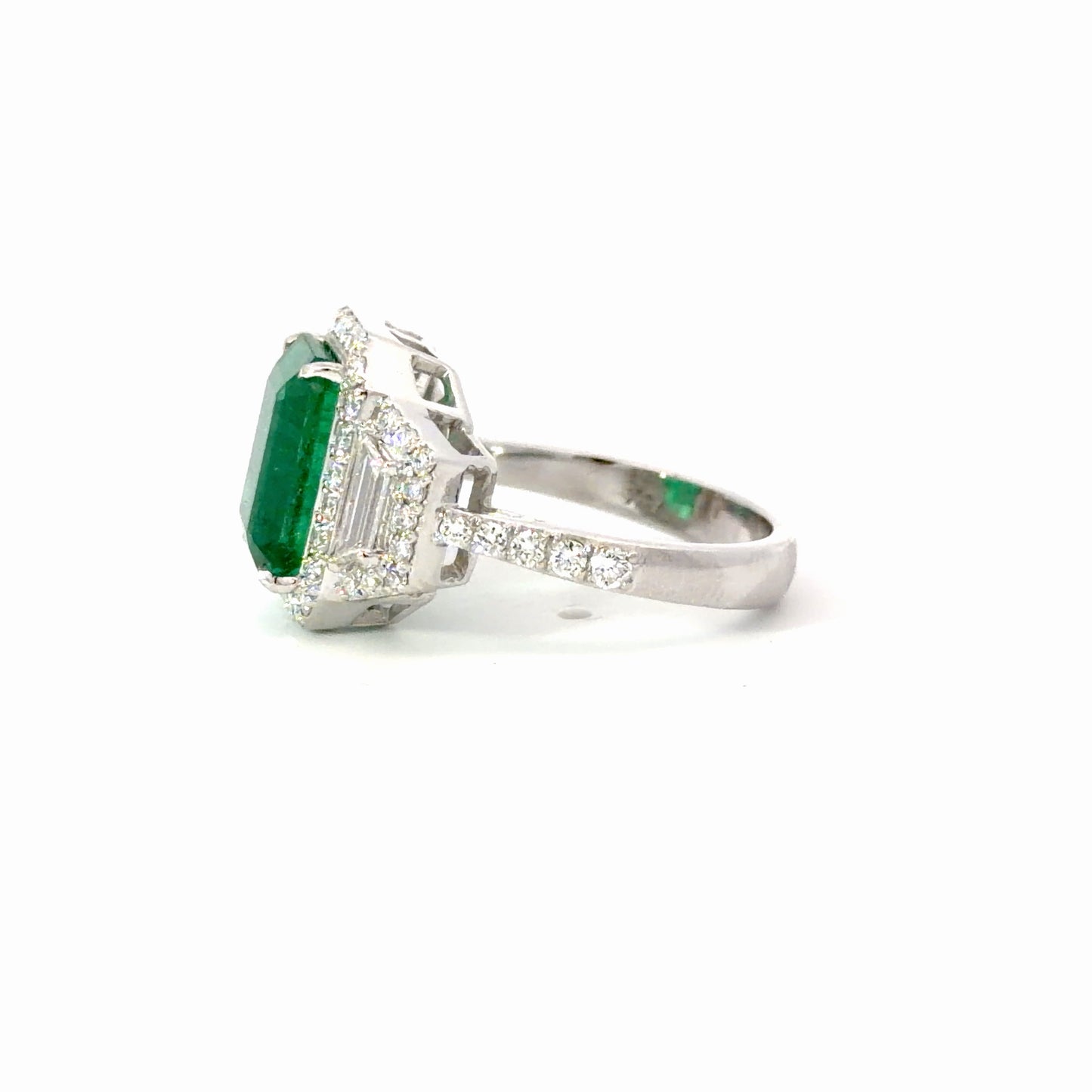 Natural Emerald cut Emerald and Diamonds Cocktail Ring in 18K White Gold