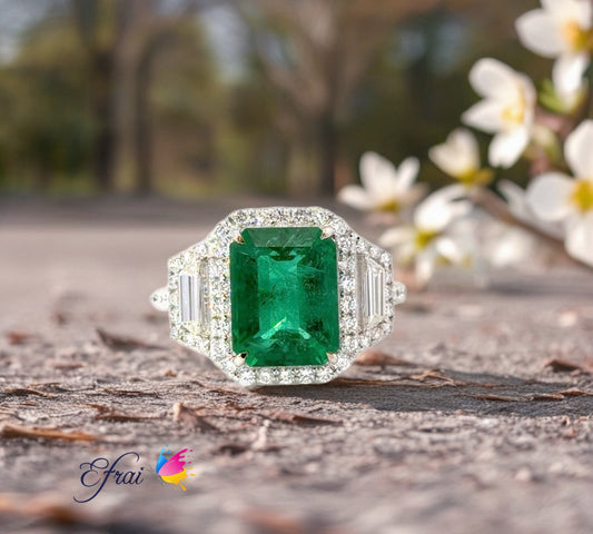 Natural Emerald cut Emerald and Diamonds Cocktail Ring in 18K White Gold