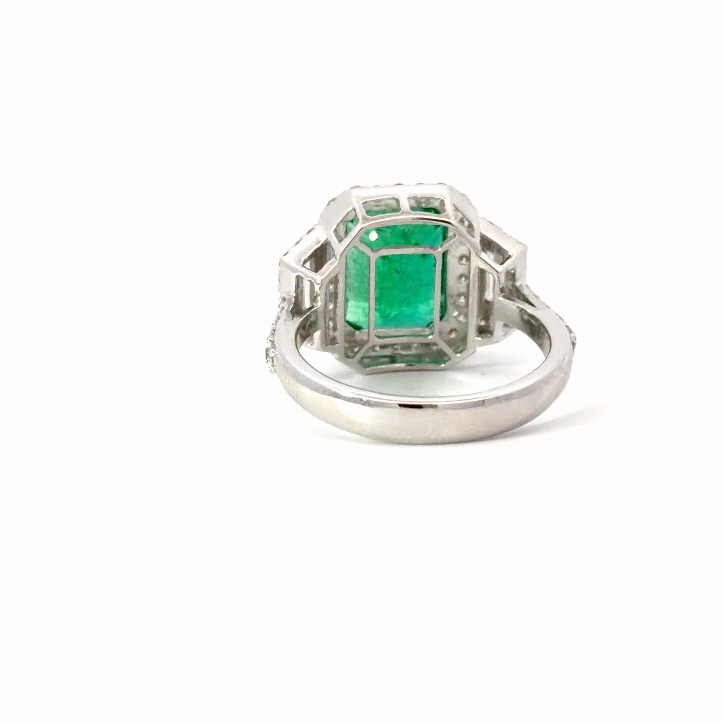 Natural Emerald cut Emerald and Diamonds Cocktail Ring in 18K White Gold