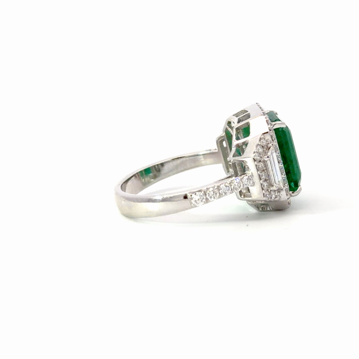 Natural Emerald cut Emerald and Diamonds Cocktail Ring in 18K White Gold