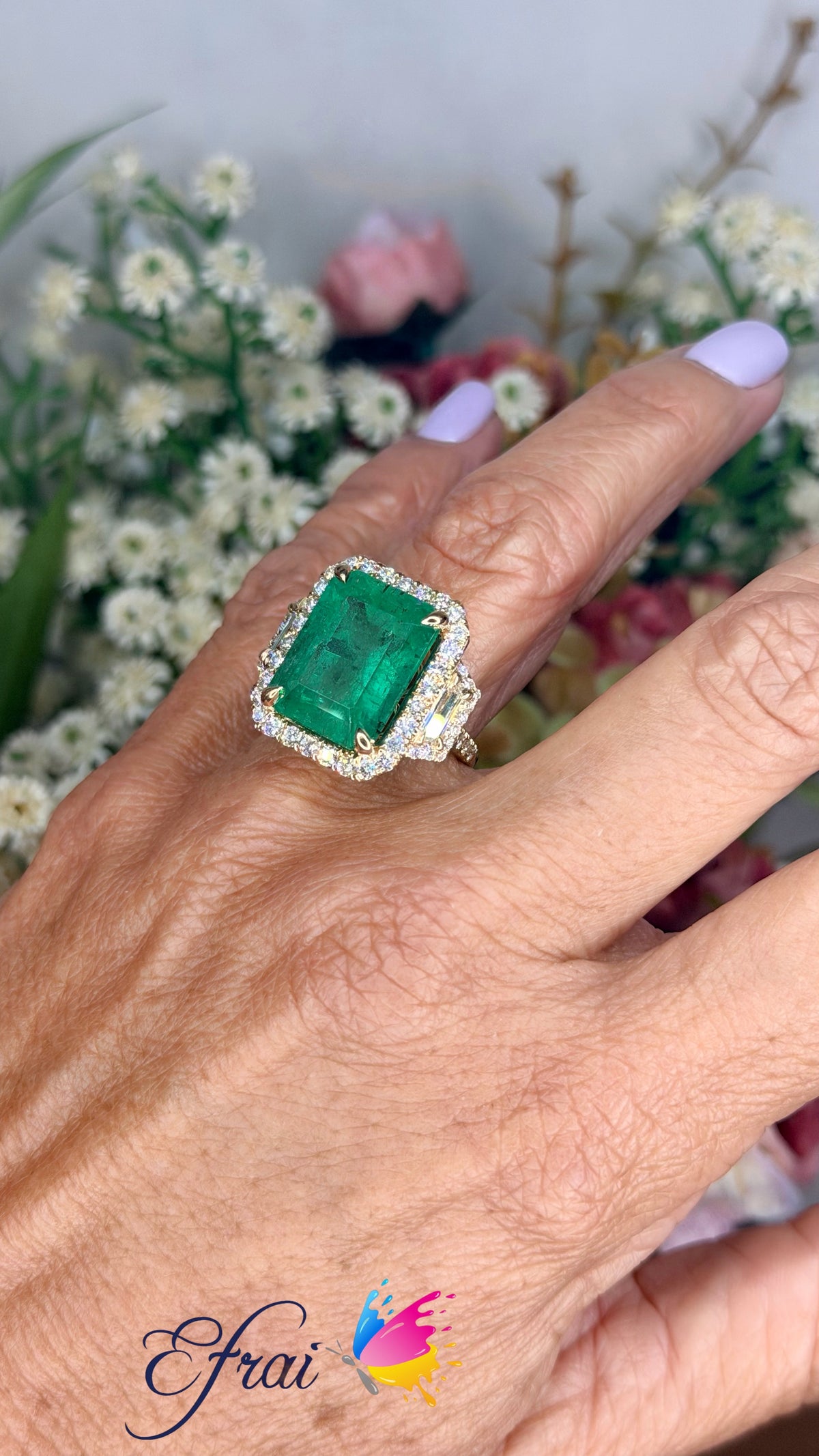 Natural Emerald and Diamond Halo Cocktail Ring
