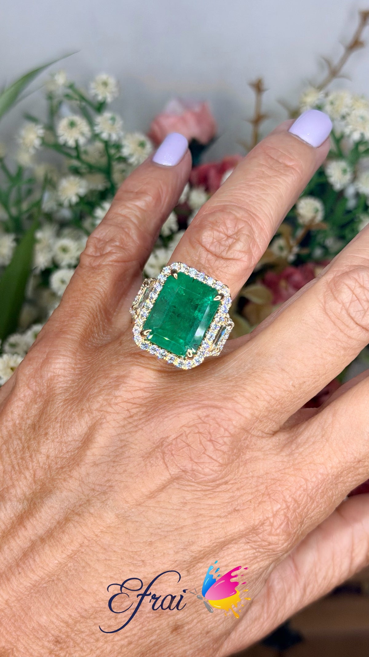 Natural Emerald and Diamond Halo Cocktail Ring