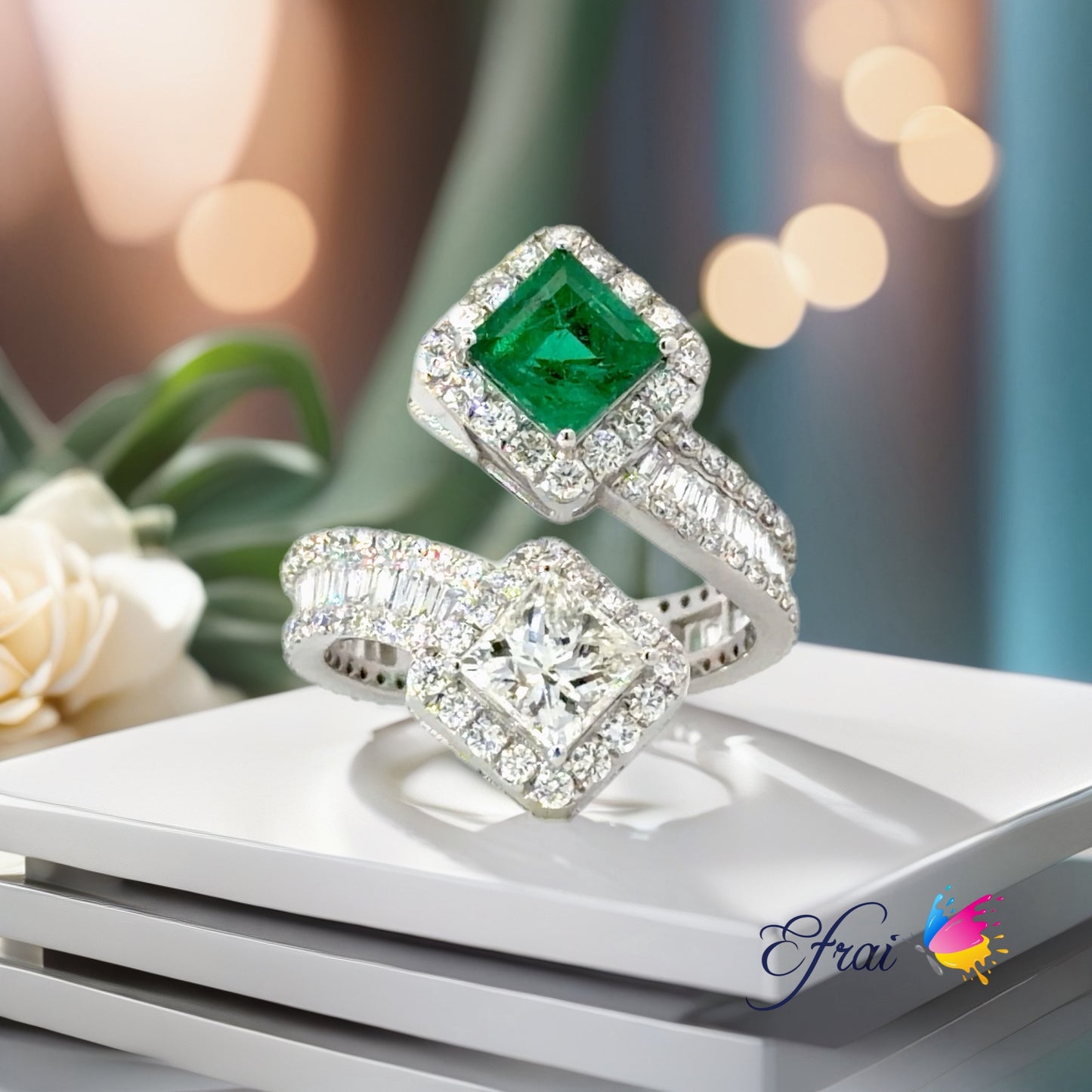 Natural Emerald and Diamond Bypass Halo Ring in White Gold