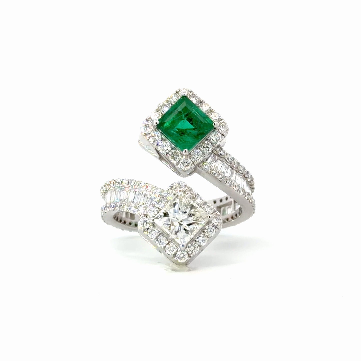 Natural Emerald and Diamond Bypass Halo Ring in White Gold
