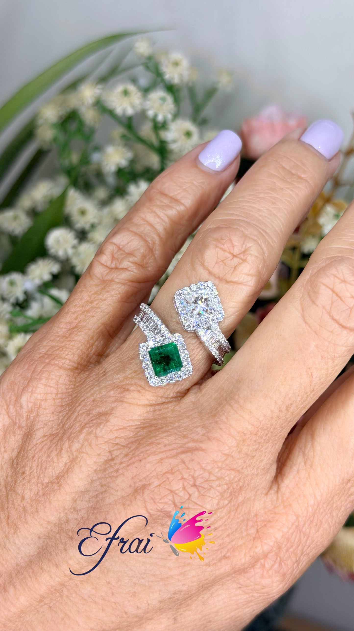 Natural Emerald and Diamond Bypass Halo Ring in White Gold