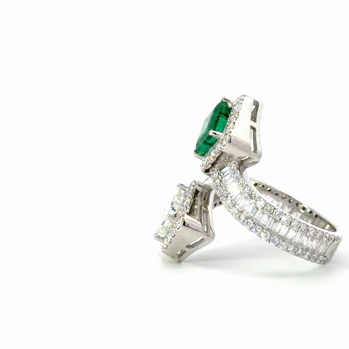 Natural Emerald and Diamond Bypass Halo Ring in White Gold