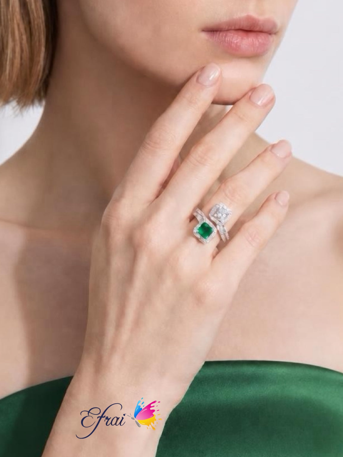 Natural Emerald and Diamond Bypass Halo Ring in White Gold