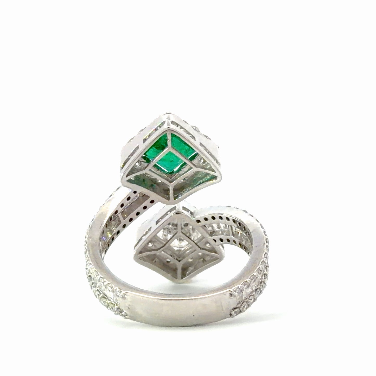 Natural Emerald and Diamond Bypass Halo Ring in White Gold
