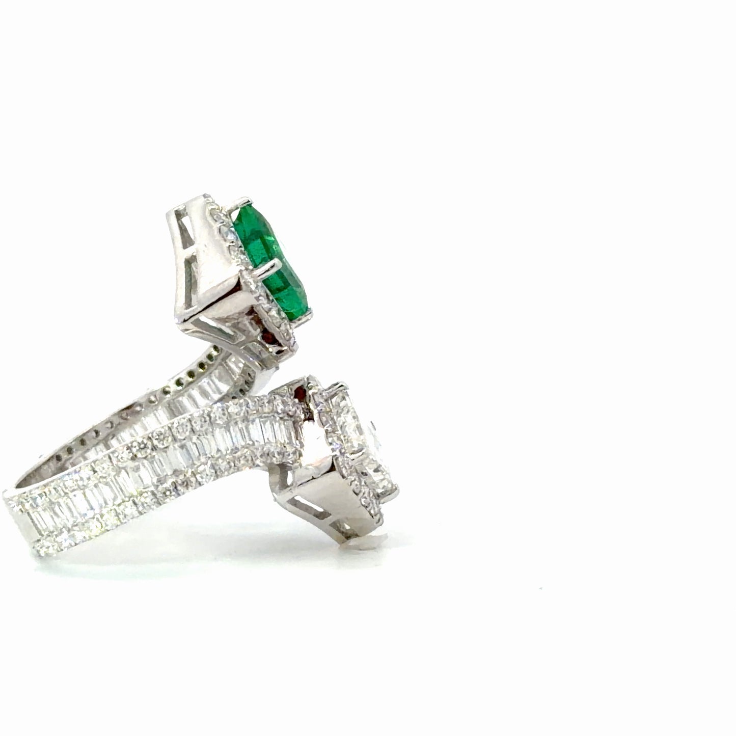 Natural Emerald and Diamond Bypass Halo Ring in White Gold