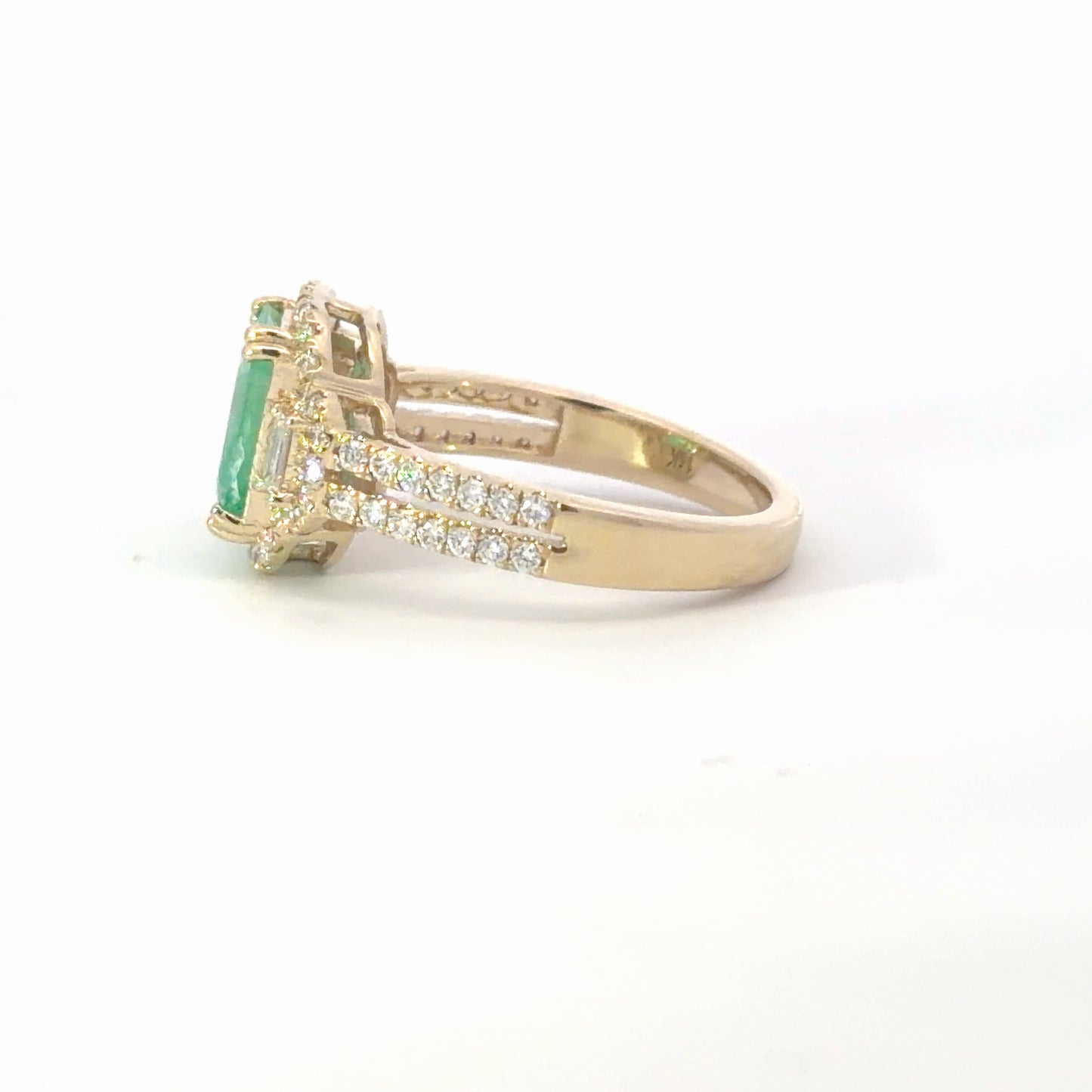 Yellow Gold natural Colombian Emerald and Diamond Halo Split Shank Ring