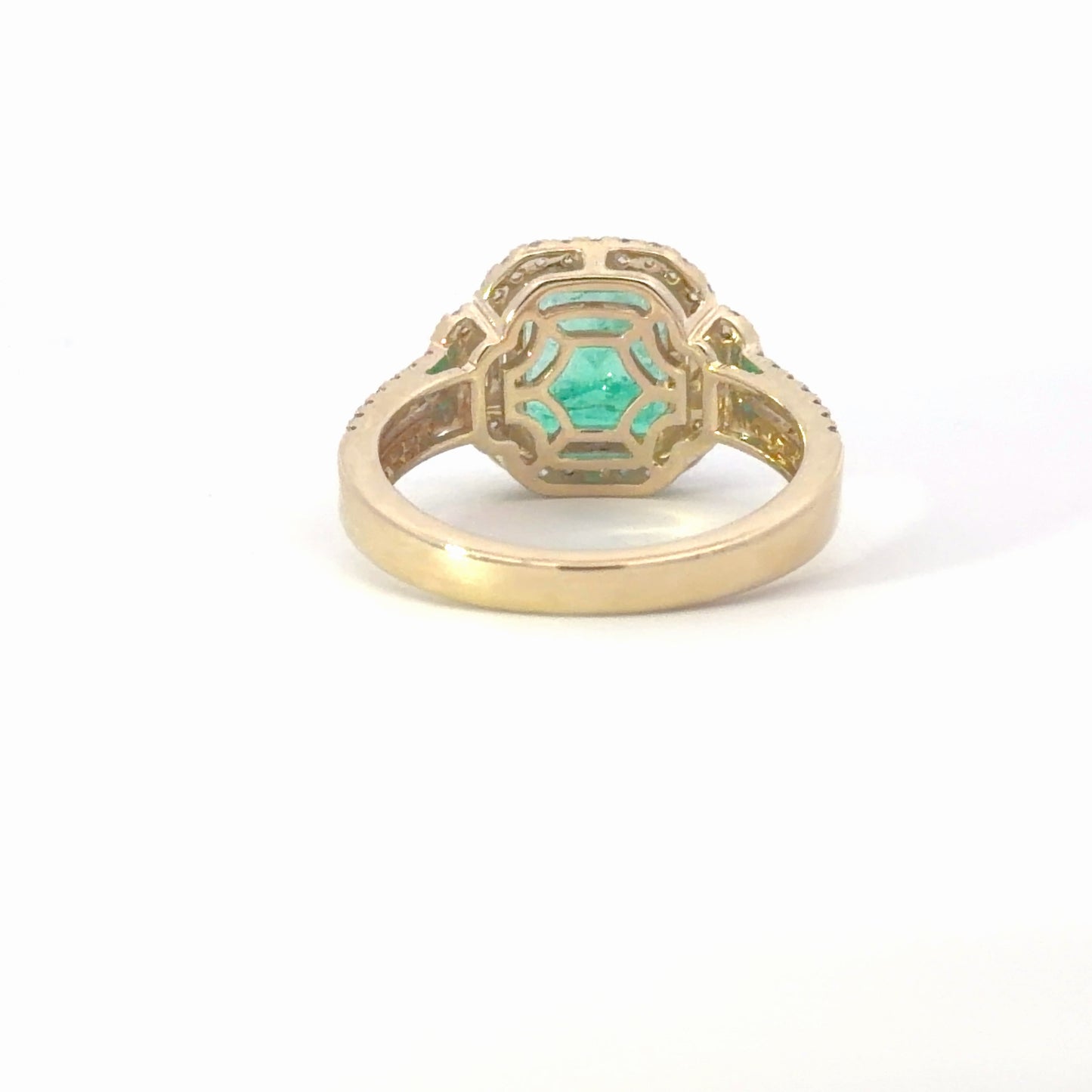 Yellow Gold natural Colombian Emerald and Diamond Halo Split Shank Ring
