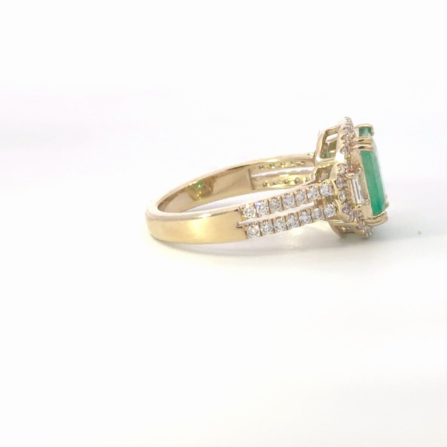Yellow Gold natural Colombian Emerald and Diamond Halo Split Shank Ring