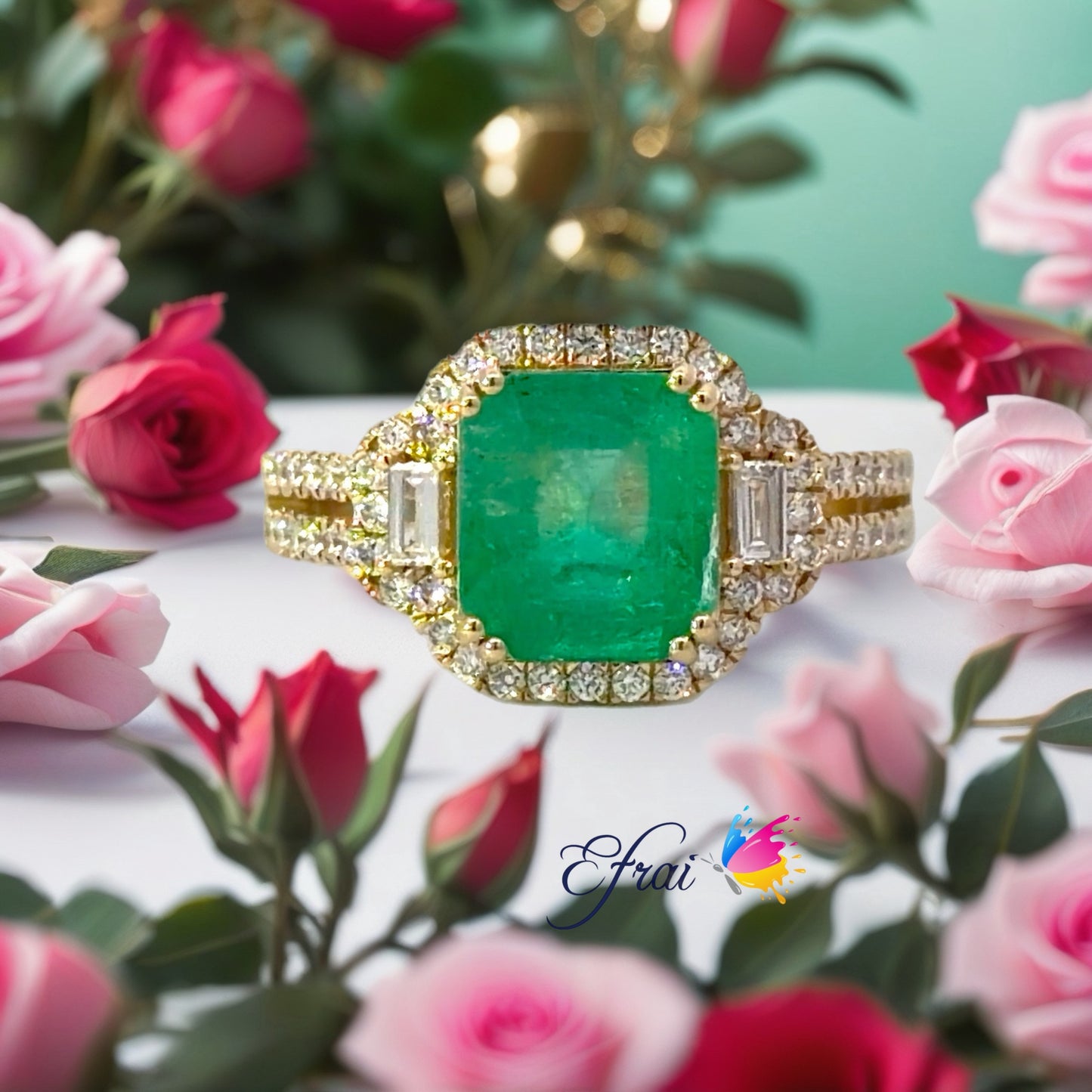 Yellow Gold natural Colombian Emerald and Diamond Halo Split Shank Ring