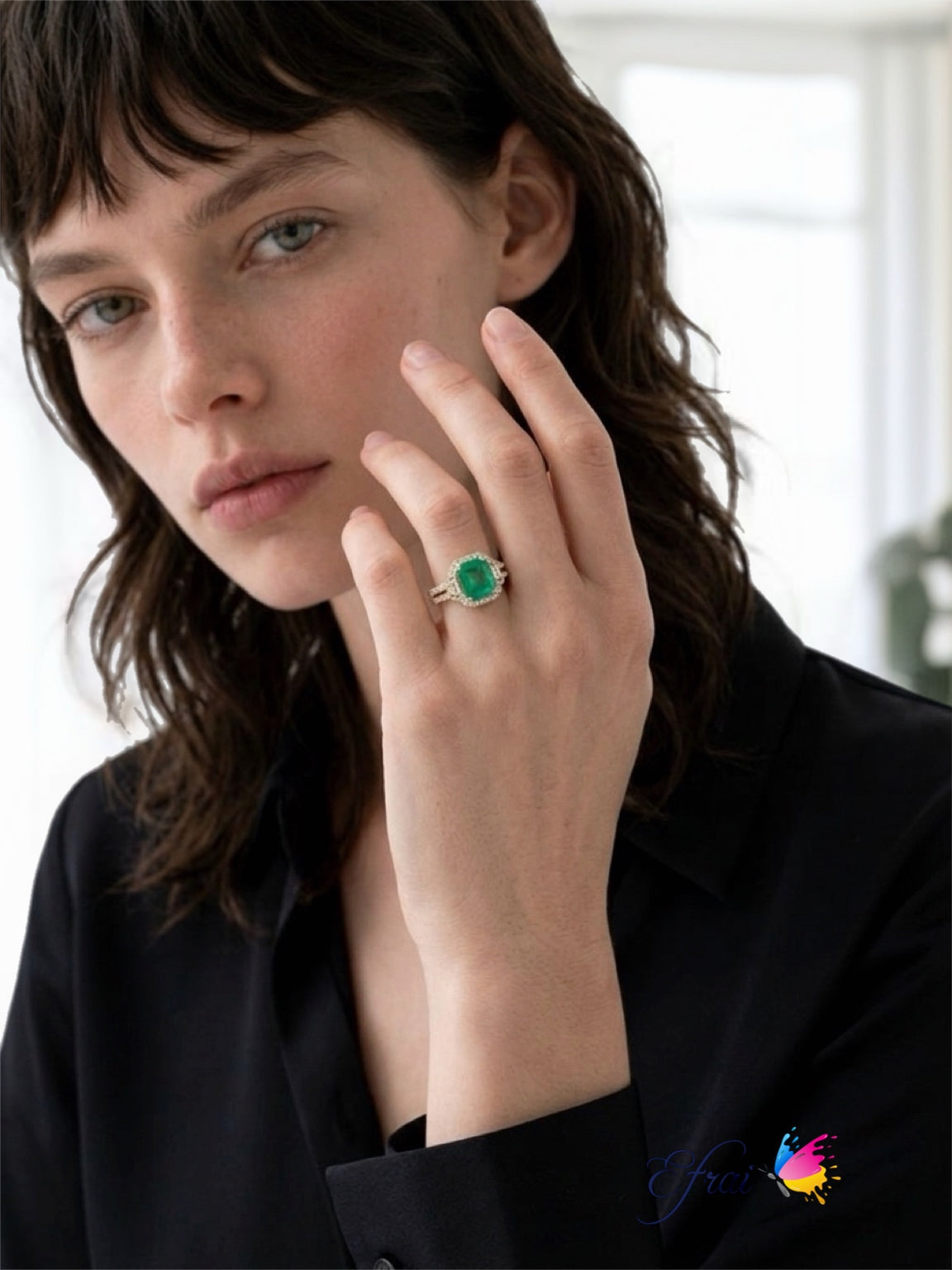 Yellow Gold natural Colombian Emerald and Diamond Halo Split Shank Ring