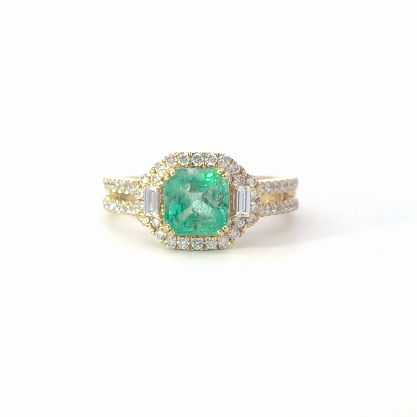 Natural Colombian Emerald and Diamond Halo Cocktail Ring in Yellow Gold
