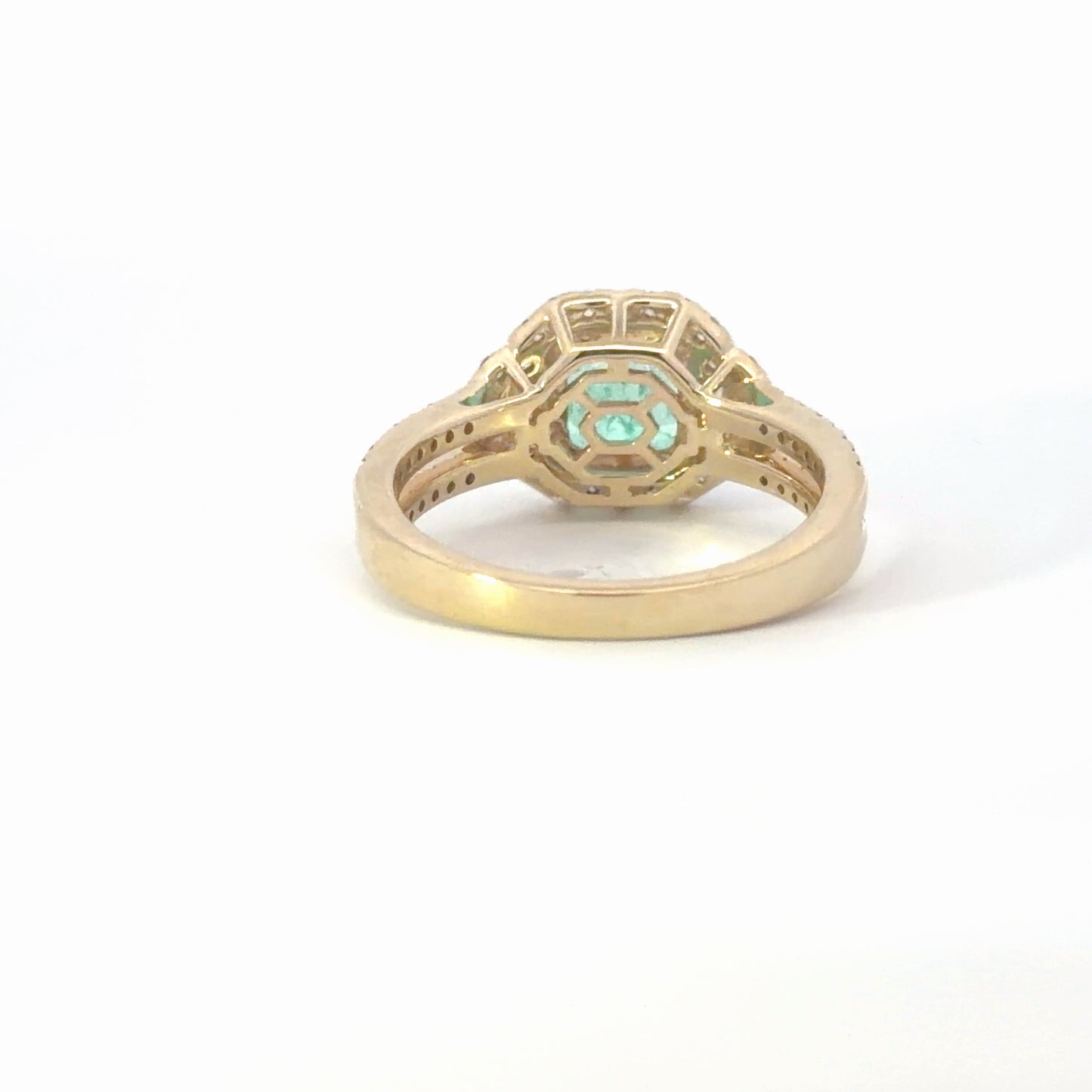 Natural Colombian Emerald and Diamond Halo Cocktail Ring in Yellow Gold