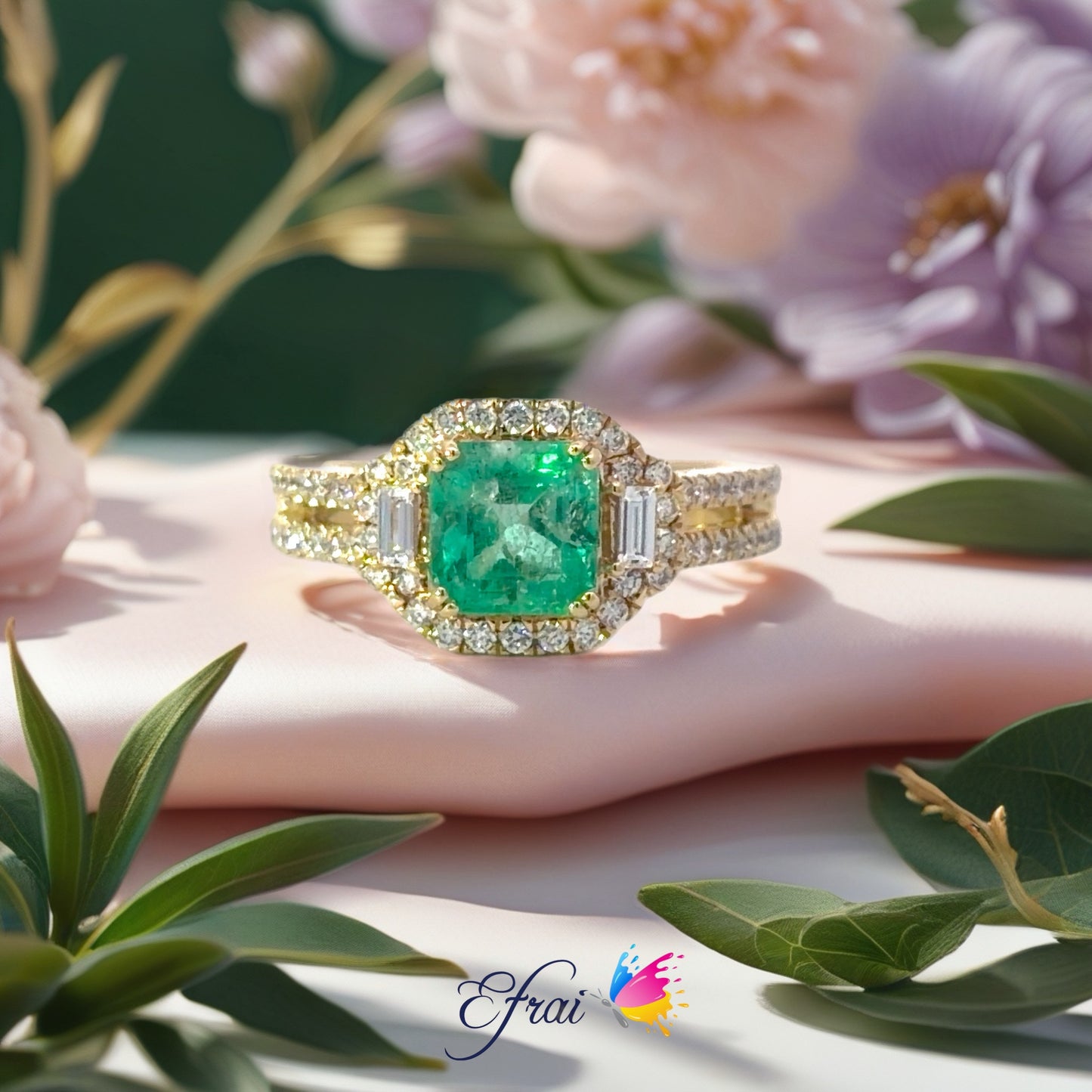 Natural Colombian Emerald and Diamond Halo Cocktail Ring in Yellow Gold