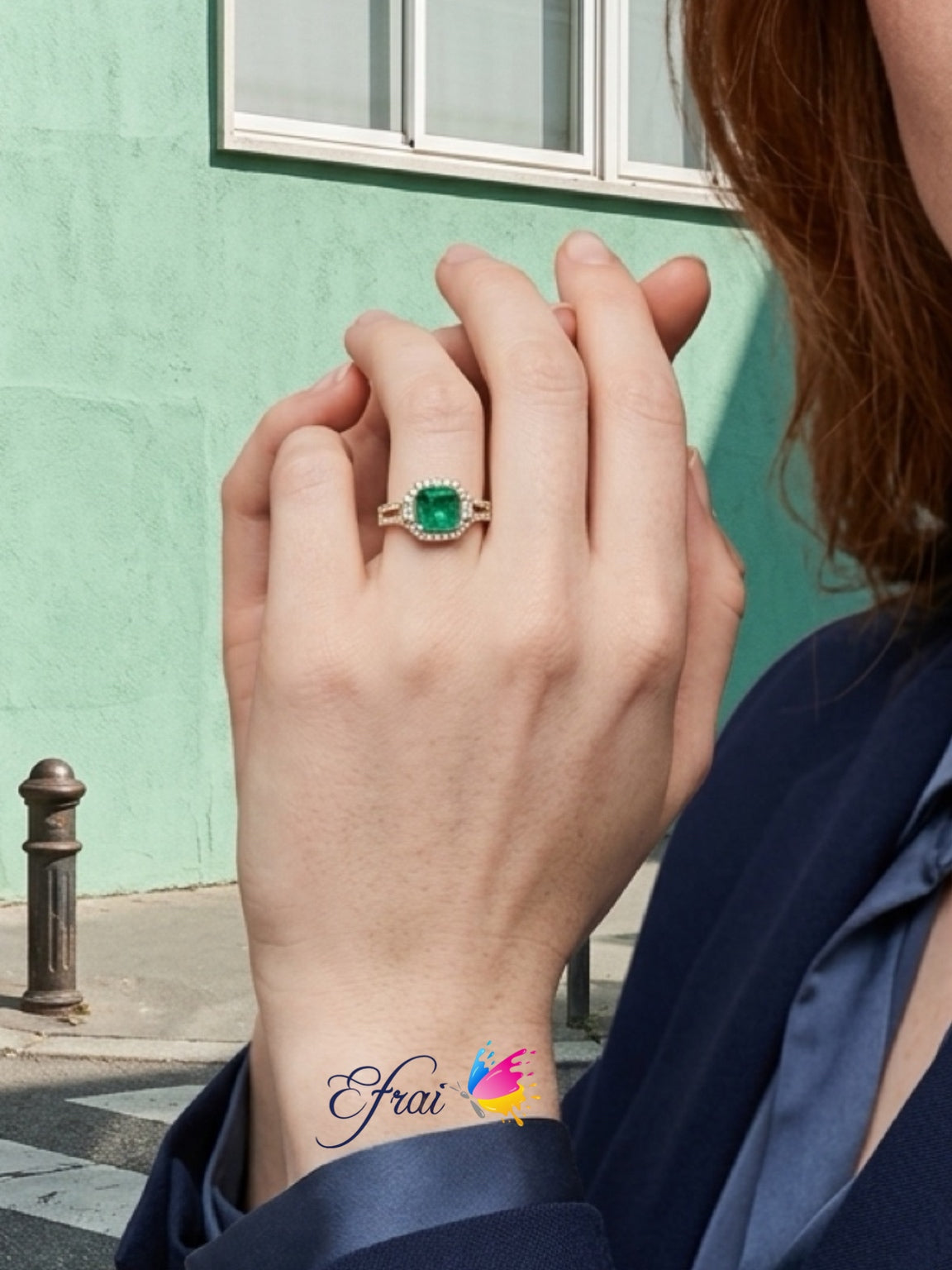 Natural Colombian Emerald and Diamond Halo Cocktail Ring in Yellow Gold