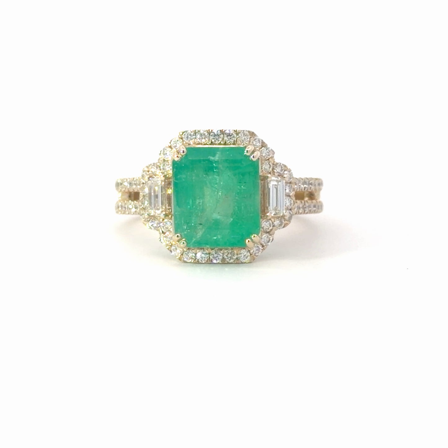 Natural Colombian Emerald Cut Emerald Multistone Halo Ring in Yellow Gold