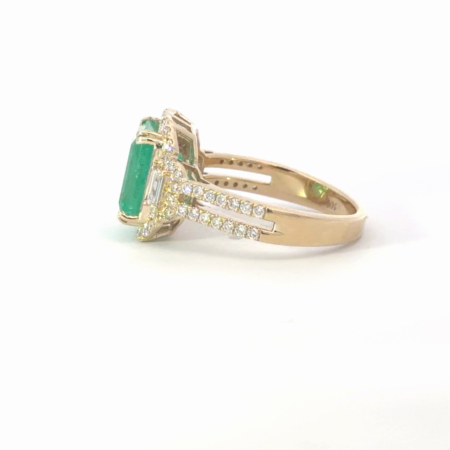 Natural Colombian Emerald Cut Emerald Multistone Halo Ring in Yellow Gold