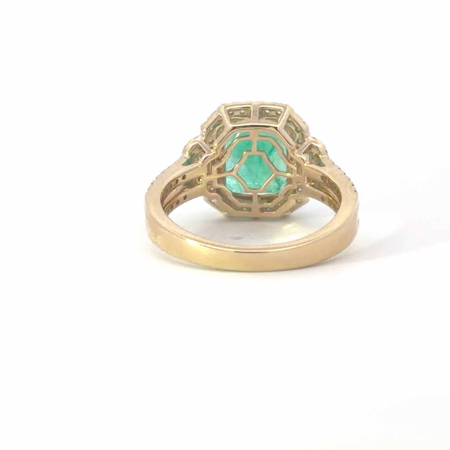 Natural Colombian Emerald Cut Emerald Multistone Halo Ring in Yellow Gold
