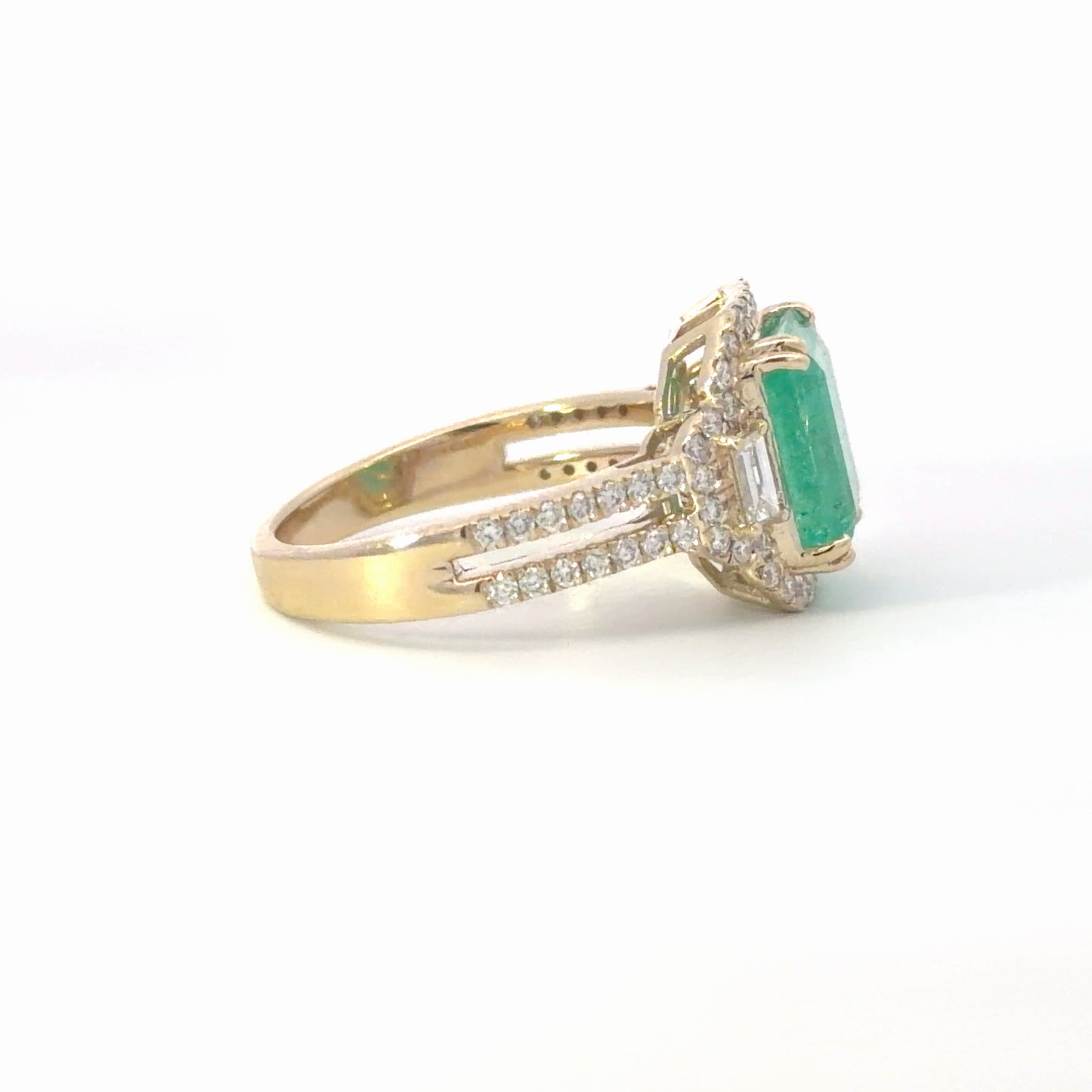 Natural Colombian Emerald Cut Emerald Multistone Halo Ring in Yellow Gold