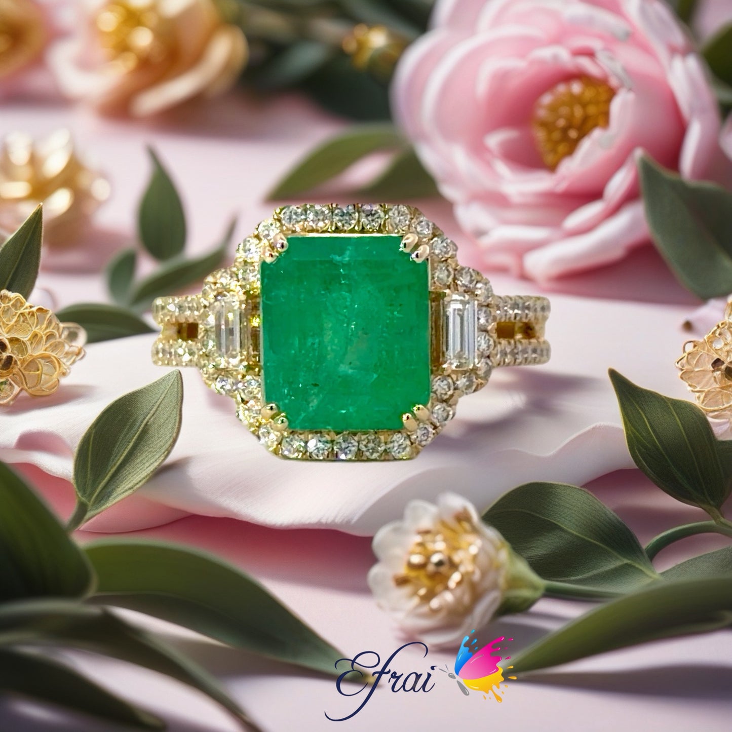 Natural Colombian Emerald Cut Emerald Multistone Halo Ring in Yellow Gold
